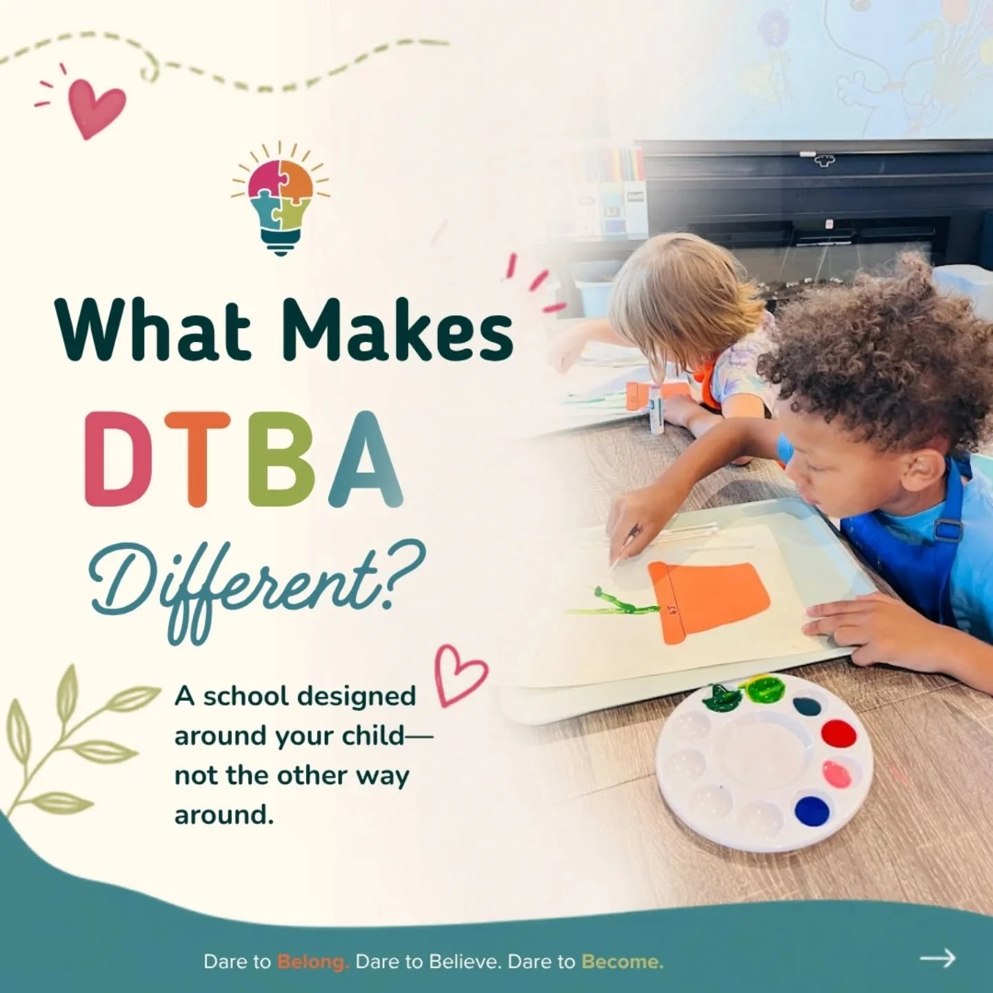 Not every child learns the same way.

So why should every classroom look the same?

At Dare To Be Academy, we intentionally create learning experiences that honor each child's strengths, interests, and developmental pace.

Instead of asking students 