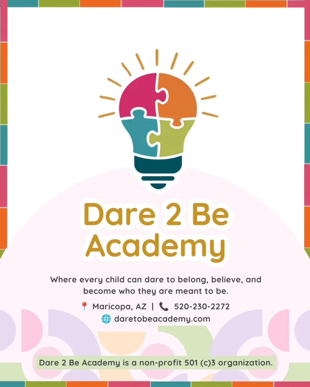 ✨ Welcome to Dare 2 Be Academy ✨

We believe every child deserves more than a one-size-fits-all education.

At Dare 2 Be Academy, we're creating a place where children are seen, valued, and inspired to learn in ways that honor their unique strengths,
