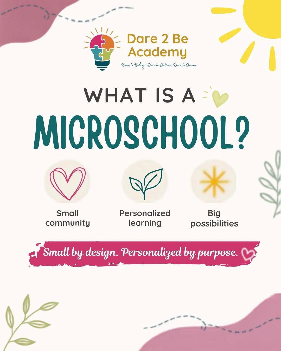 ✨ What if school could be designed around the learner&mdash;not the other way around? ✨

At Dare 2 Be Academy, we believe learning can look different. 💛

Our microschool model offers:
🌱 Small-group learning
🎯 Personalized support
💡 Strengths-base