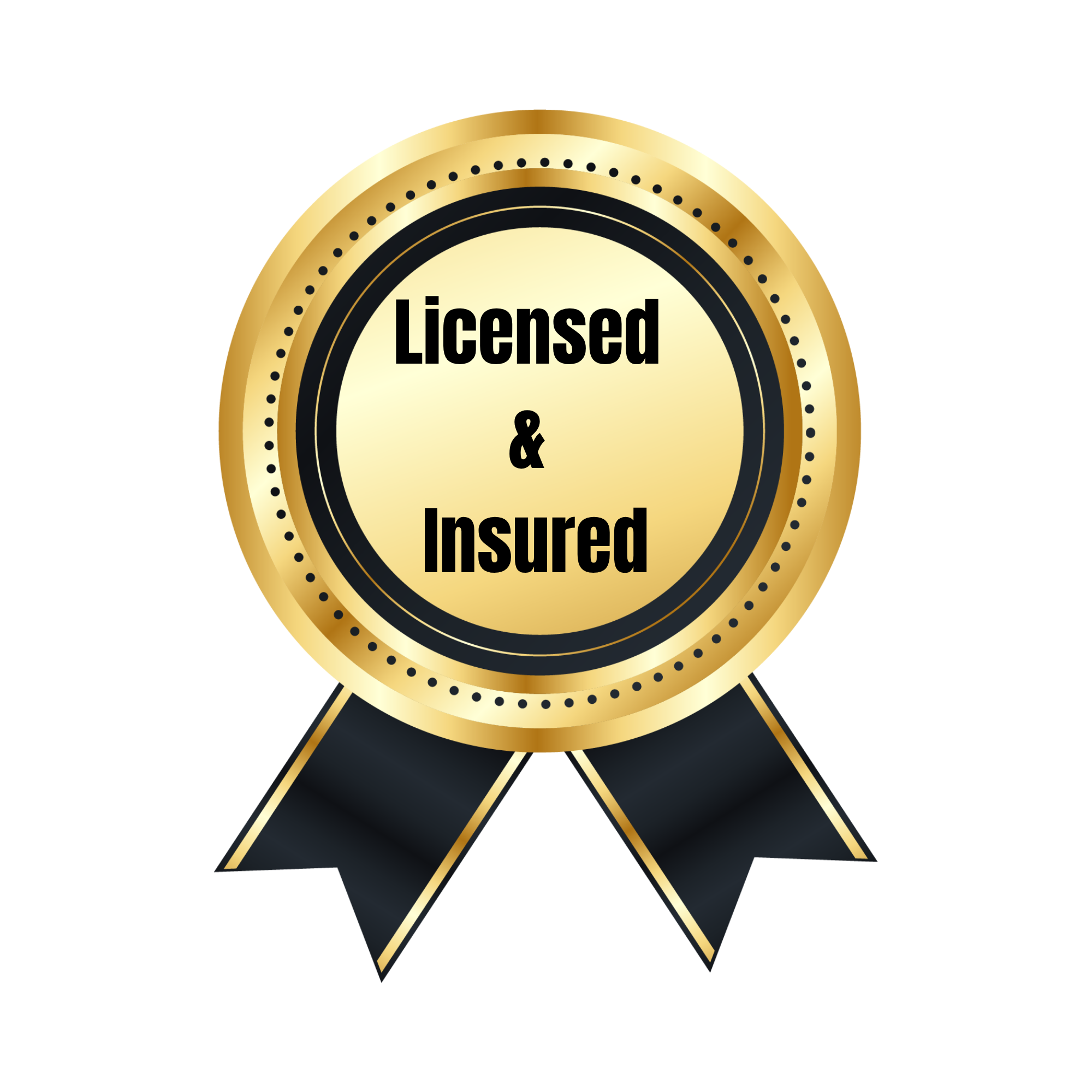 Gold and black engraved badge with the words 'Licensed & Insured' in the center.