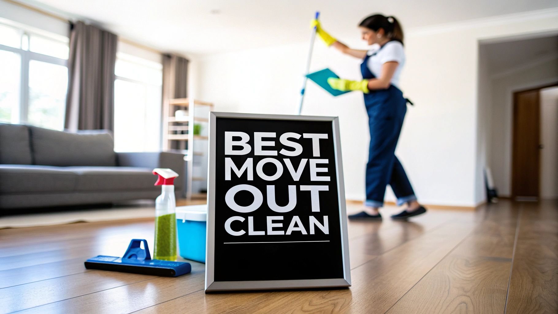 A woman is cleaning a living room while a sign in the foreground reads 'Best Move Out Clean.' There are cleaning supplies and a spray bottle on the floor.