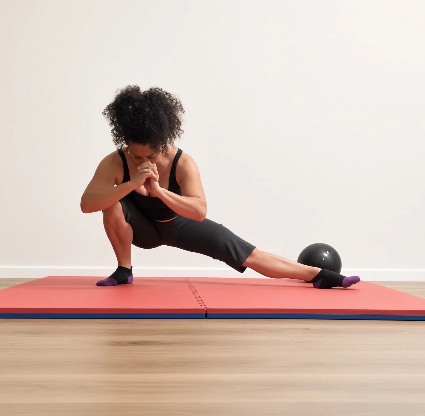 Woman doing a side lunge stretch on a yoga mat with an exercise ball in the background.