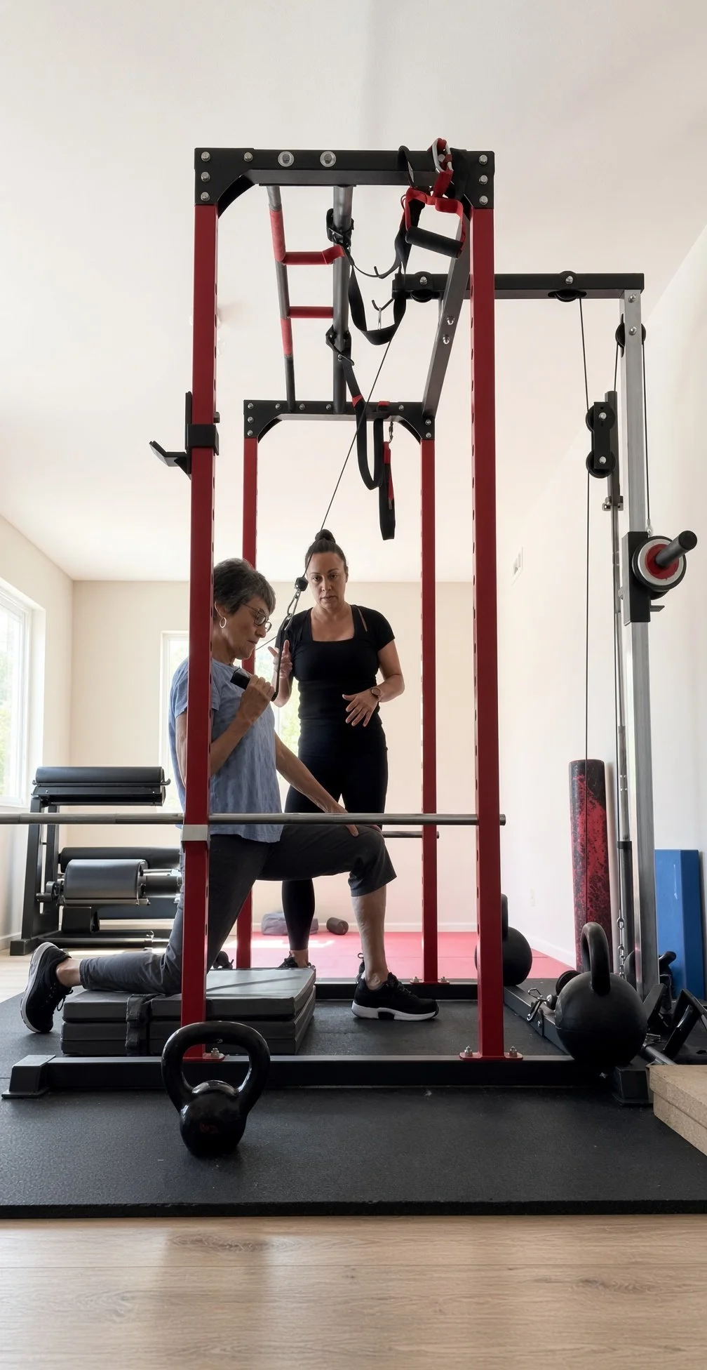 Two women exercising with a trainer in a home gym, using a squat rack, weights, and a punching bag, in a bright room with large windows.