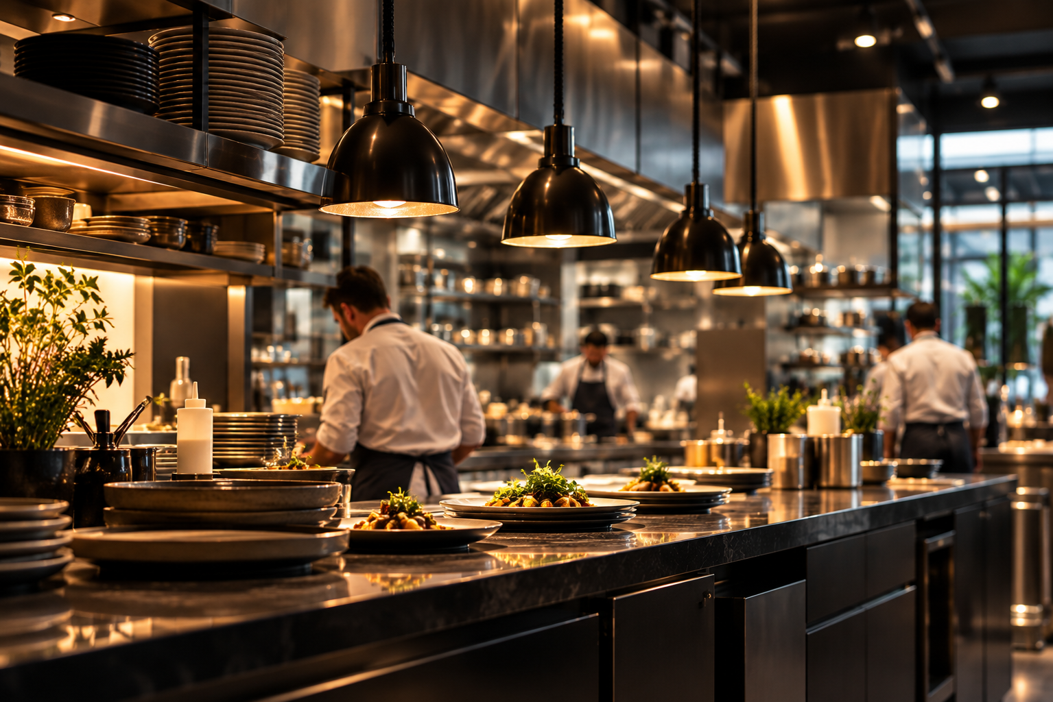 Professional restaurant kitchen with chefs working during service and plated dishes at the pass.