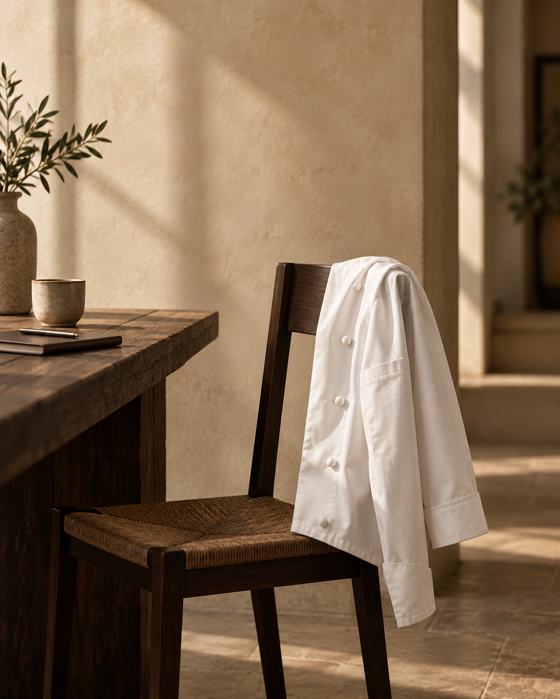White chef jacket draped over a wooden chair beside a notebook and coffee cup.