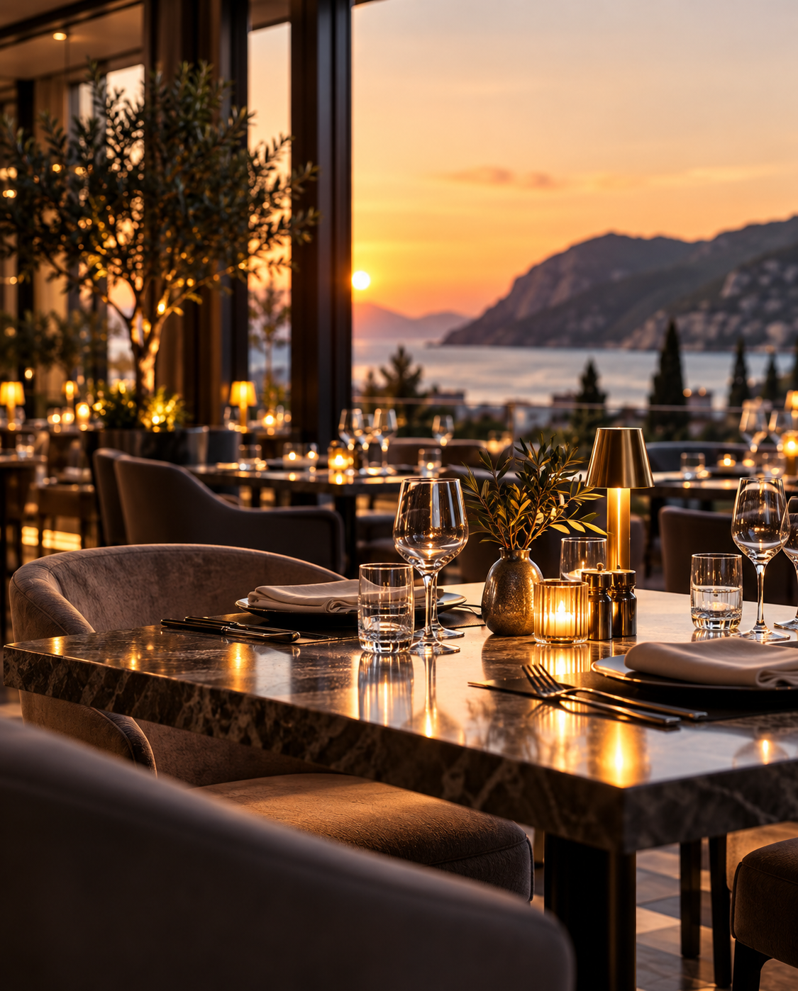 Elegant hotel restaurant overlooking the coast at sunset, set for dinner service.