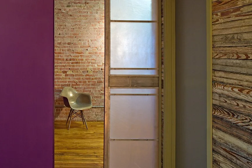 Aluminum and acrylic sliding door panel, residential loft, "El Picoso", San Antonio, Texas, 2008. Photo by Chris Cooper Photography