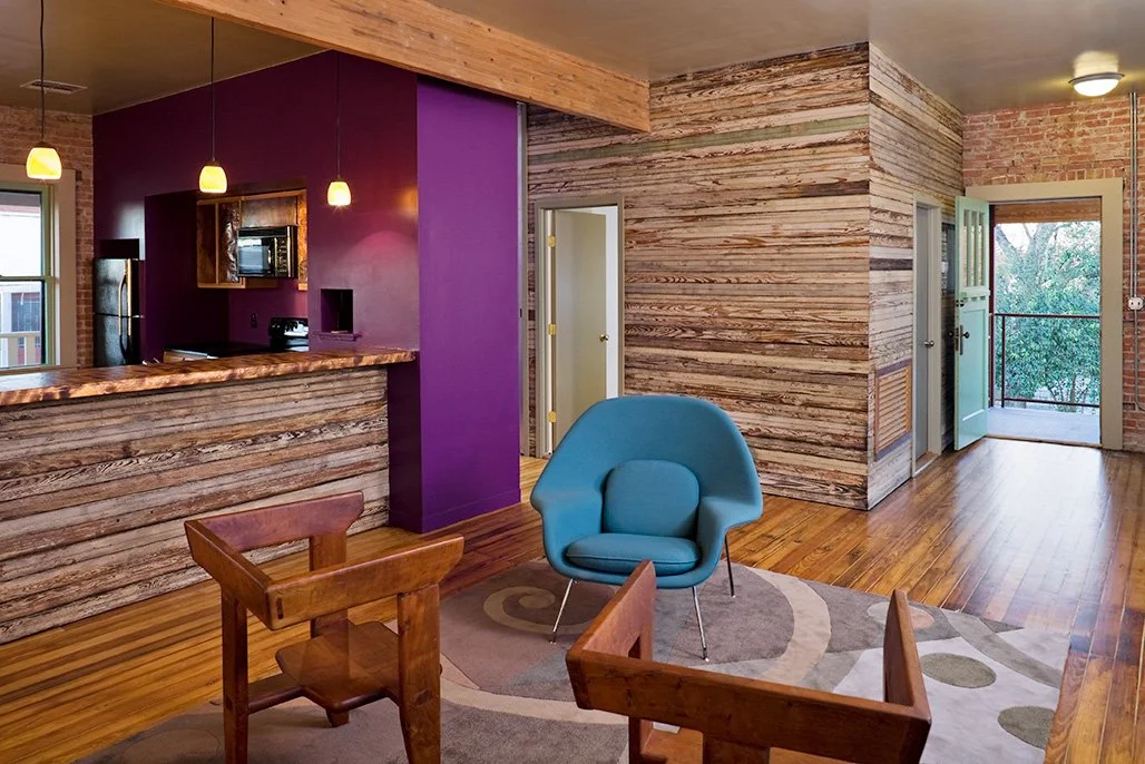 Living room with salvaged bead-board siding, residential loft, "El Picoso", San Antonio, Texas, 2008. Photo by Chris Cooper Photography