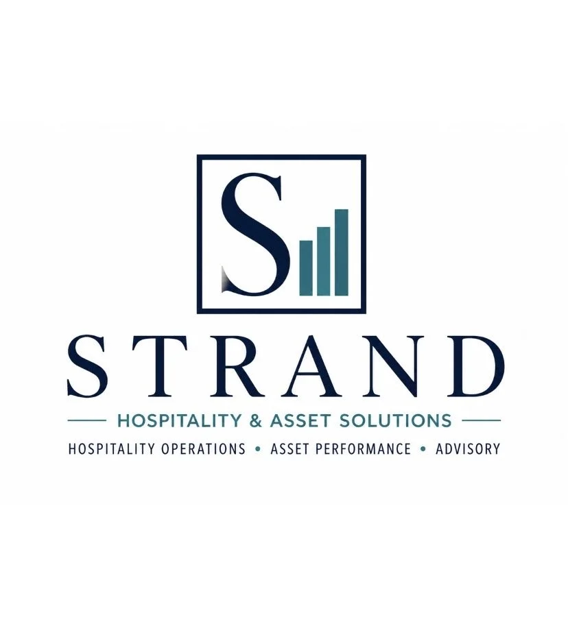 Logo for Strand Hospitality & Asset Solutions featuring a stylized 'S' and bar graph, with company name and services listed below.