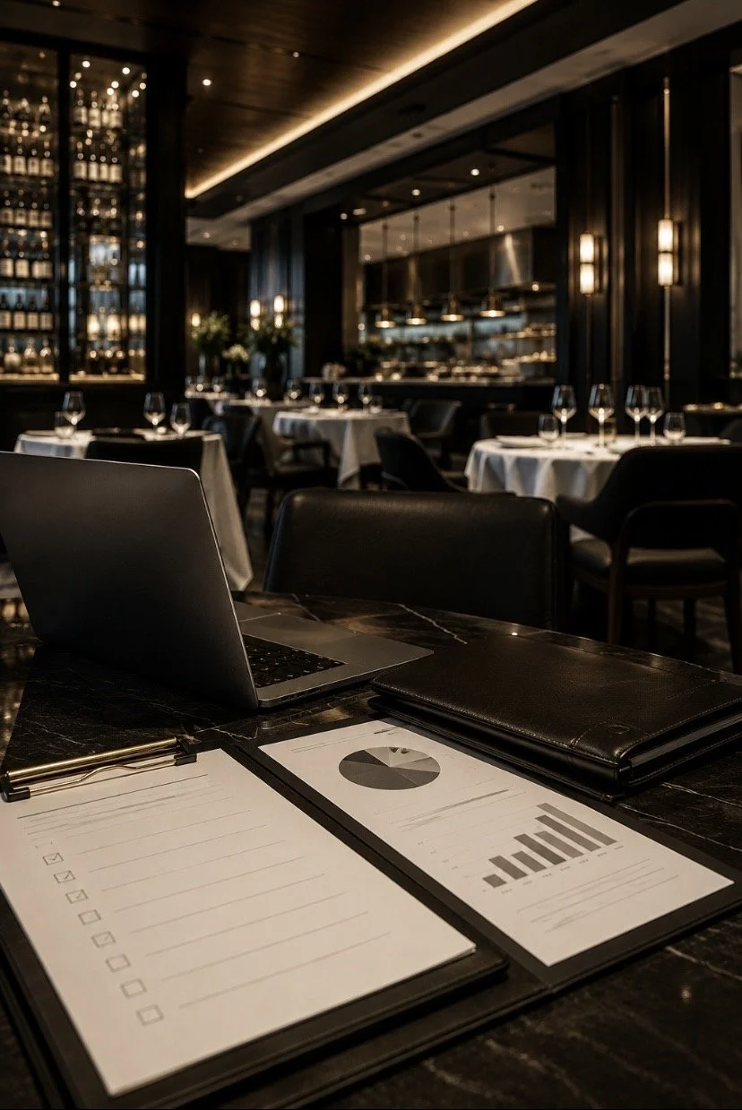 A conference room with a laptop, black leather folder, clipboard, and printed charts on a dark marble table, overlooking a restaurant with round tables, white tablecloths, wine glasses, and dim lighting in the background.