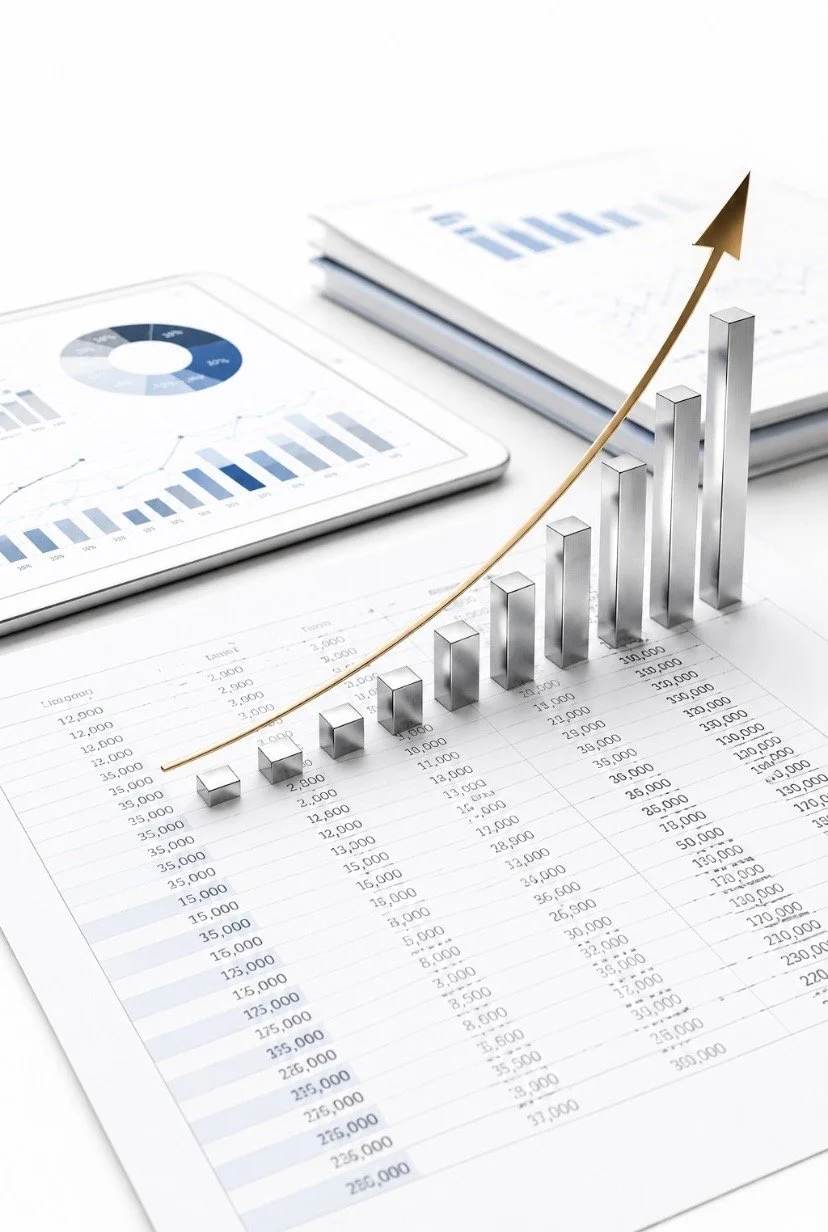 Financial charts and graphs on paper and digital devices with a rising arrow indicating growth.