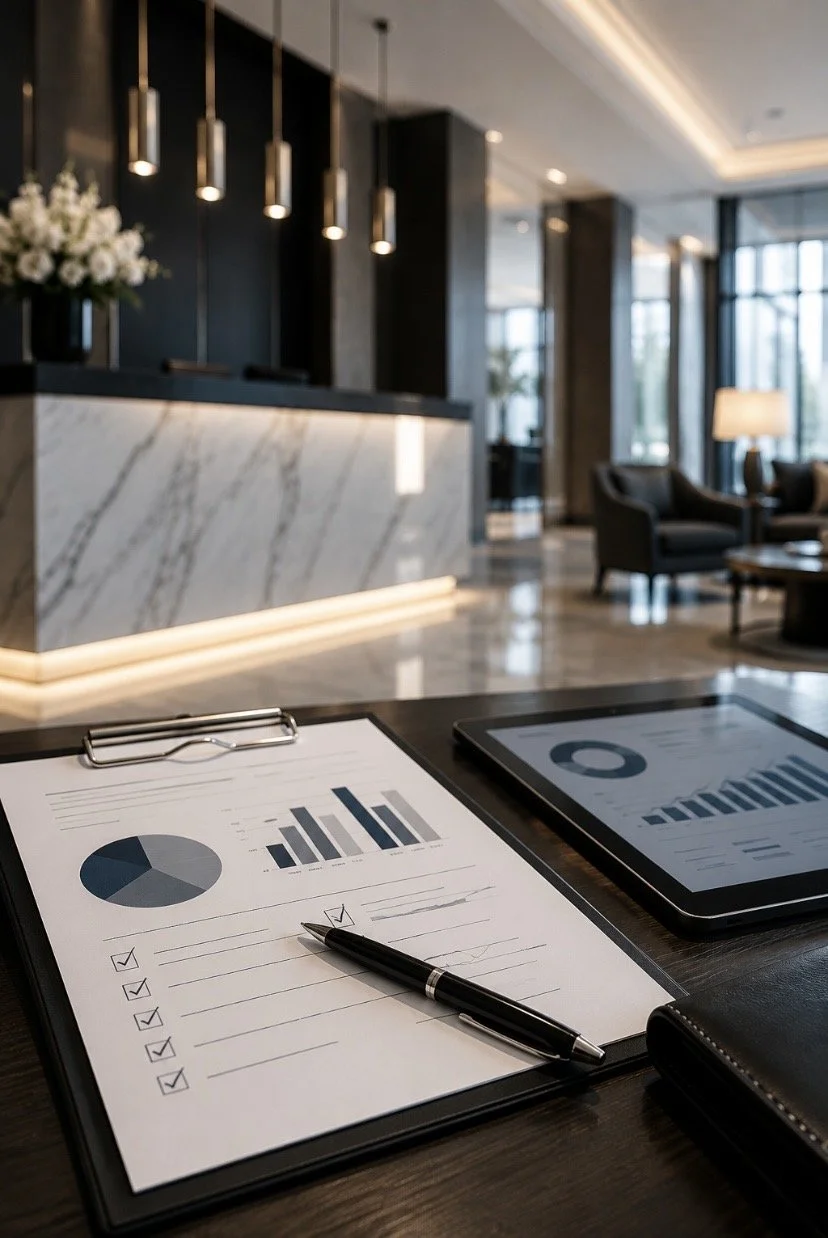Business meeting or hotel lobby with a marble reception desk, seating area with chairs and a table, and documents with charts and a tablet on a wooden table in the foreground.