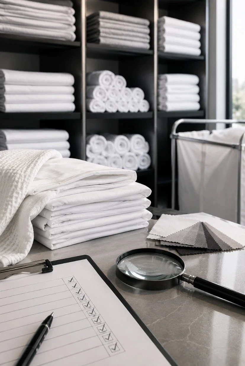 Shelves filled with neatly folded white and gray towels in a linen closet or laundry room, with a table in front holding a folded white towel, fabric samples, a magnifying glass, and a checklist.