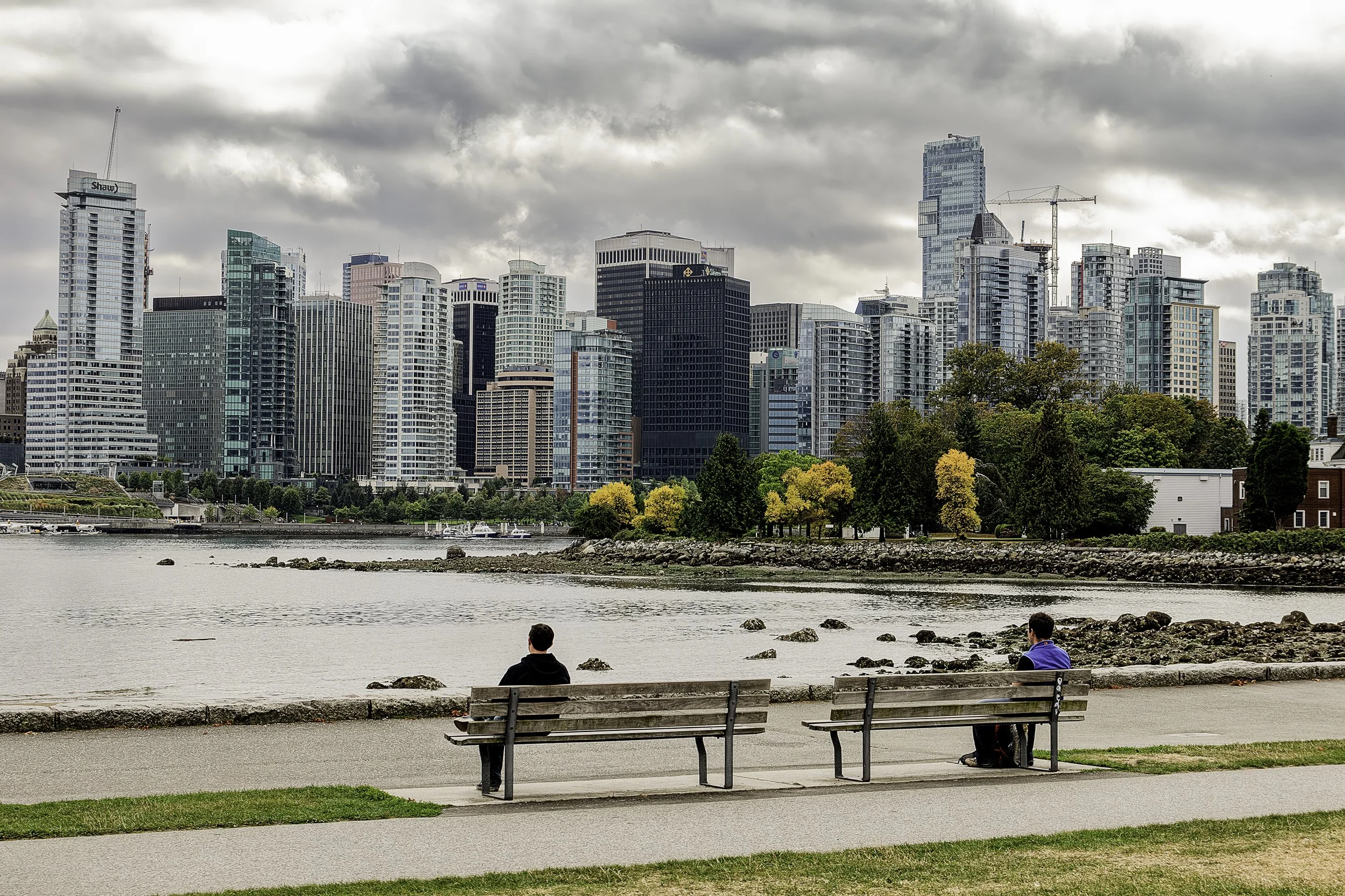 "Downtown Vancouver, BC"- A quiet waterfront moment overlooking downtown Vancouver, where urban architecture meets the calm of the bay beneath brooding autumn skies.