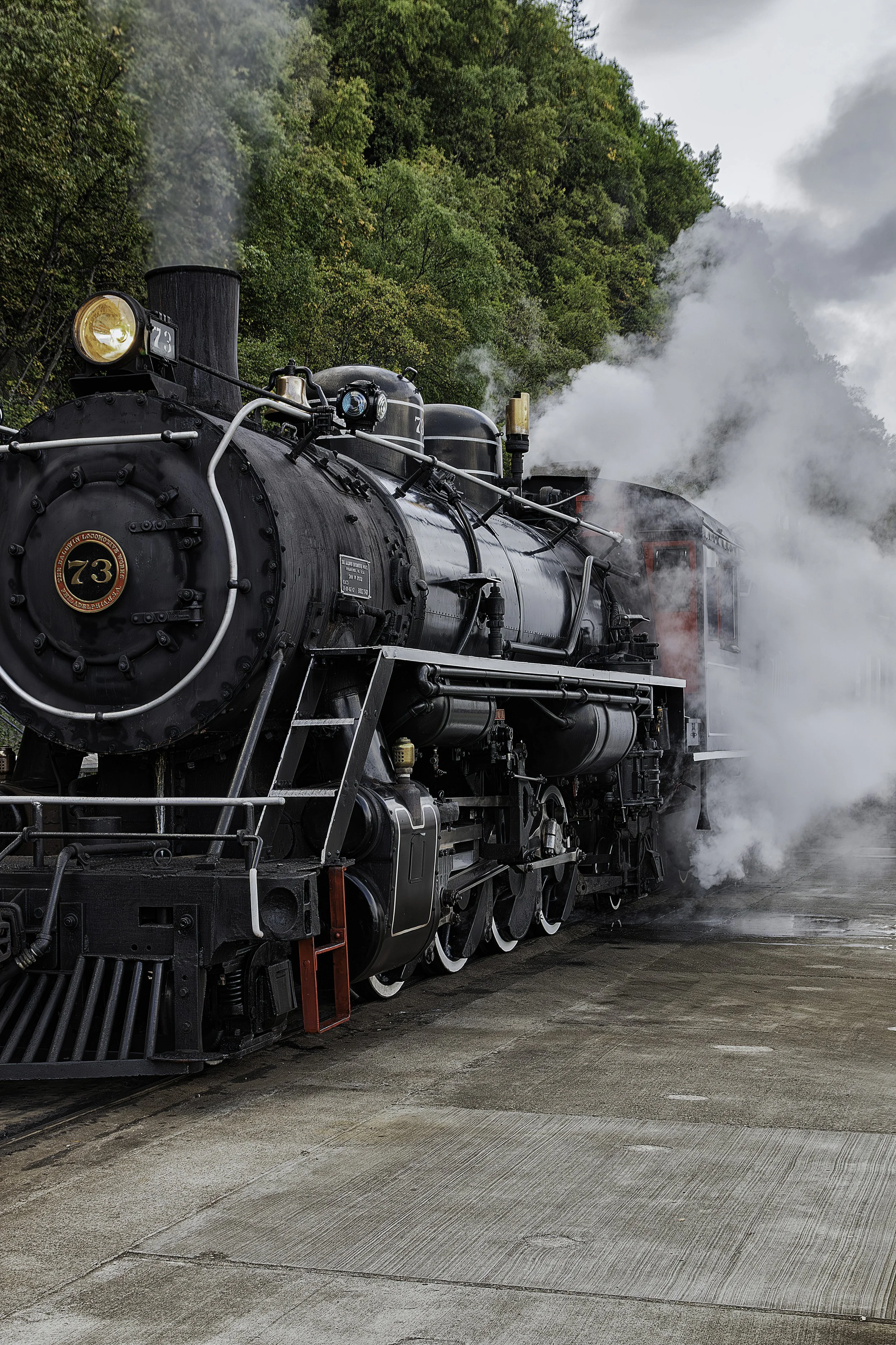 "Steam and Steel: Locomotive No. 73"- The preserved steam locomotive No. 73 of the White Pass & Yukon Route waits beneath a cloud of steam, recalling the engineering and adventure that defined the historic railway through Alaska and Canada's Yukon Te