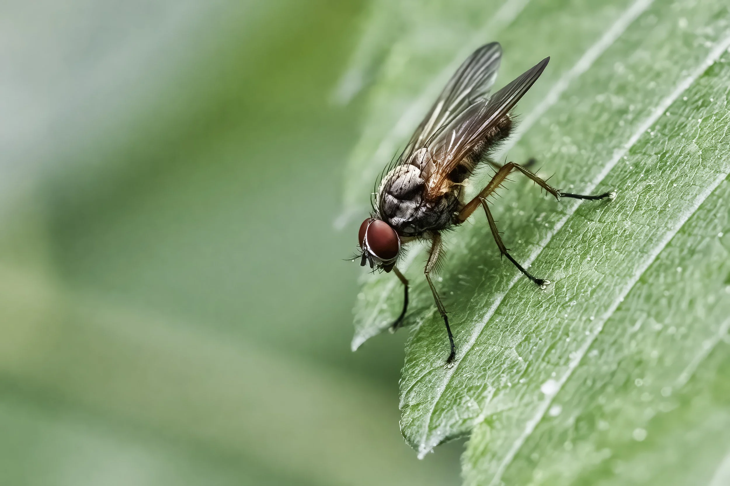 "Red-Eyed Fly on Leaf – Macro Study of a Housefly" - A vivid macro photograph capturing the fine details of a red-eyed housefly (Musca domestica) resting on a textured green leaf. The image reveals intricate anatomy and natural iridescence, set again