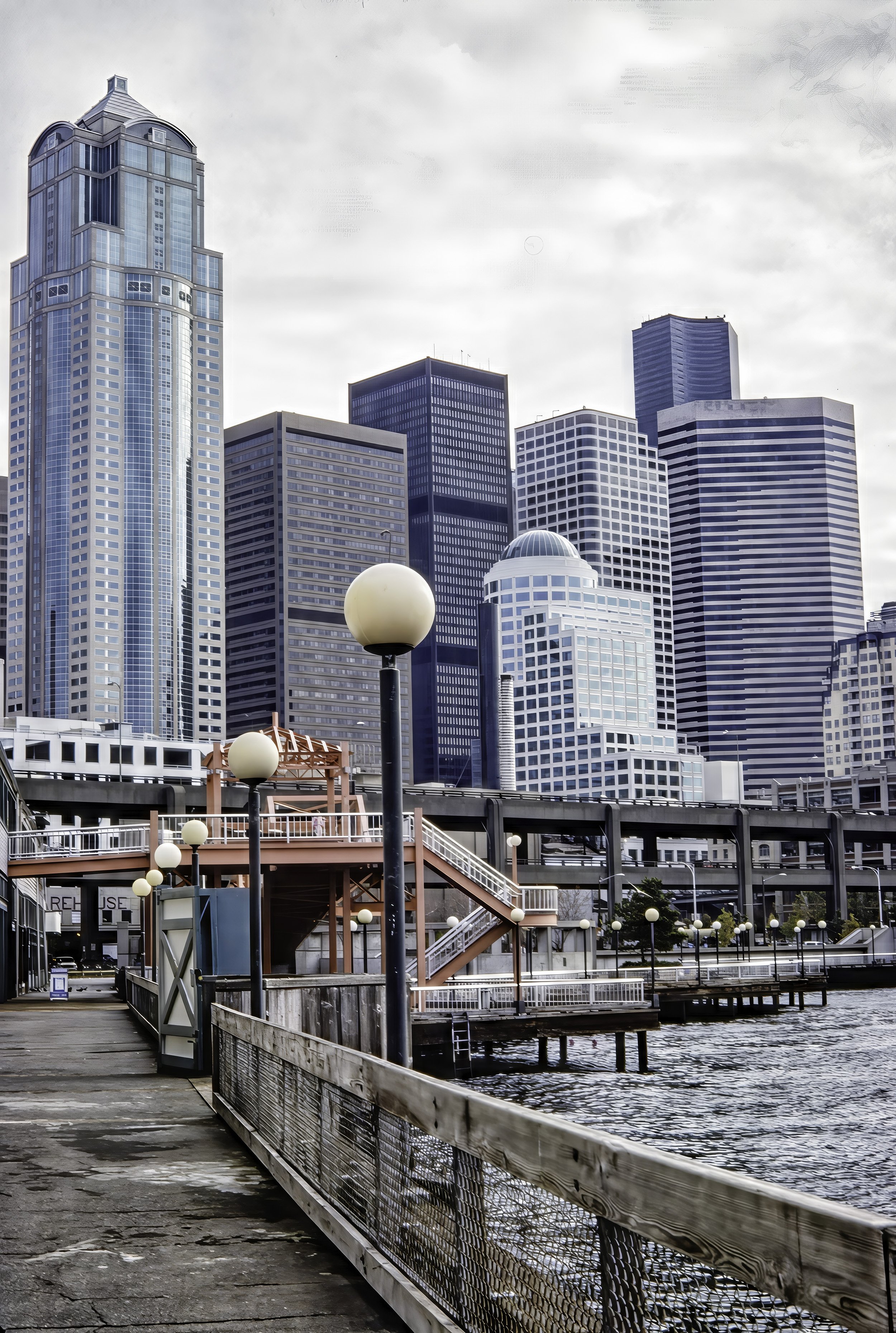 "Seattle Waterfront Geometry" - A layered view of Seattle’s downtown skyline from the waterfront—where urban lines, glass, and steel meet the quiet rhythm of the Sound.