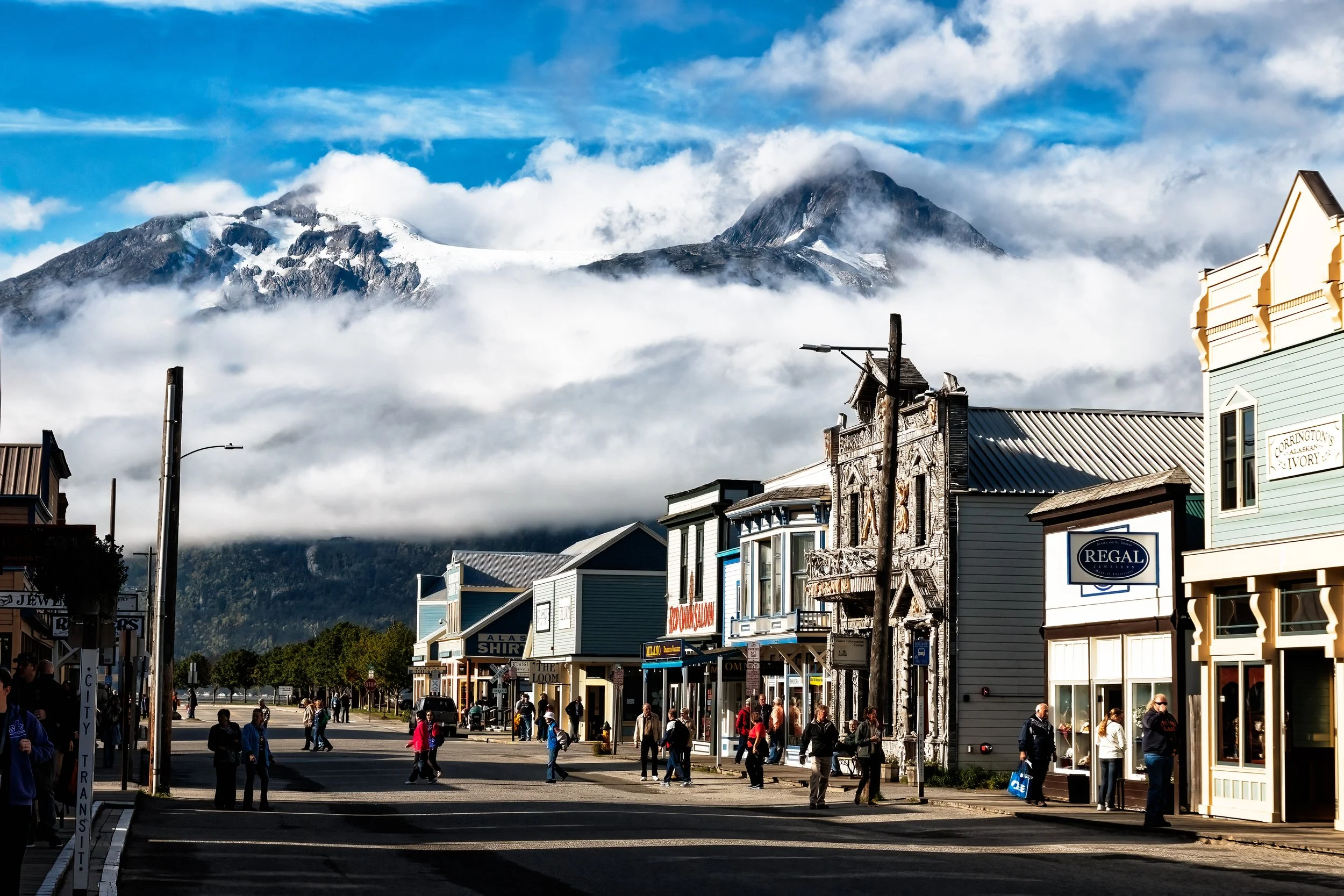 "Downtown Skagway"- Downtown Skagway comes alive beneath low clouds as the Coast Mountains rise dramatically in the background, blending historic storefronts with Alaska’s rugged alpine landscape.