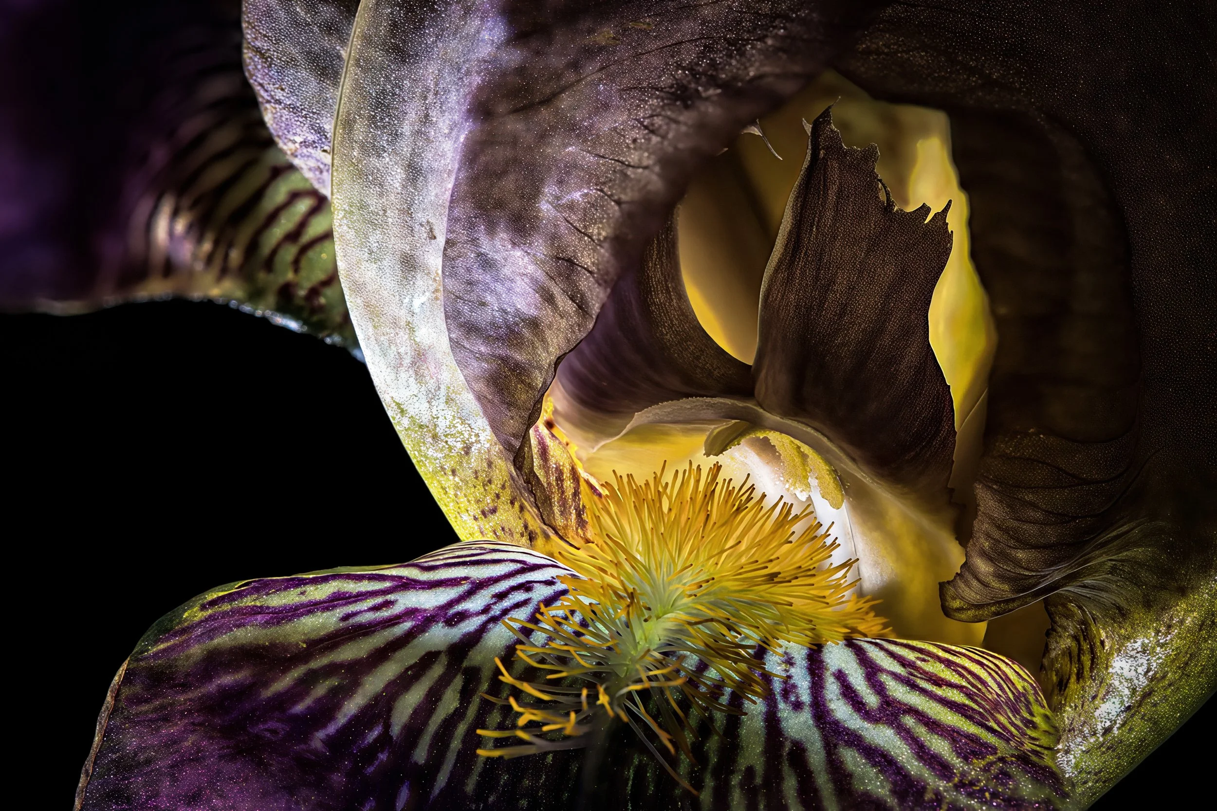 Iris in Detail - A close-up of an iris (Iris spp.), revealing intricate textures, bold veining, and vibrant inner structures in rich, dramatic light.