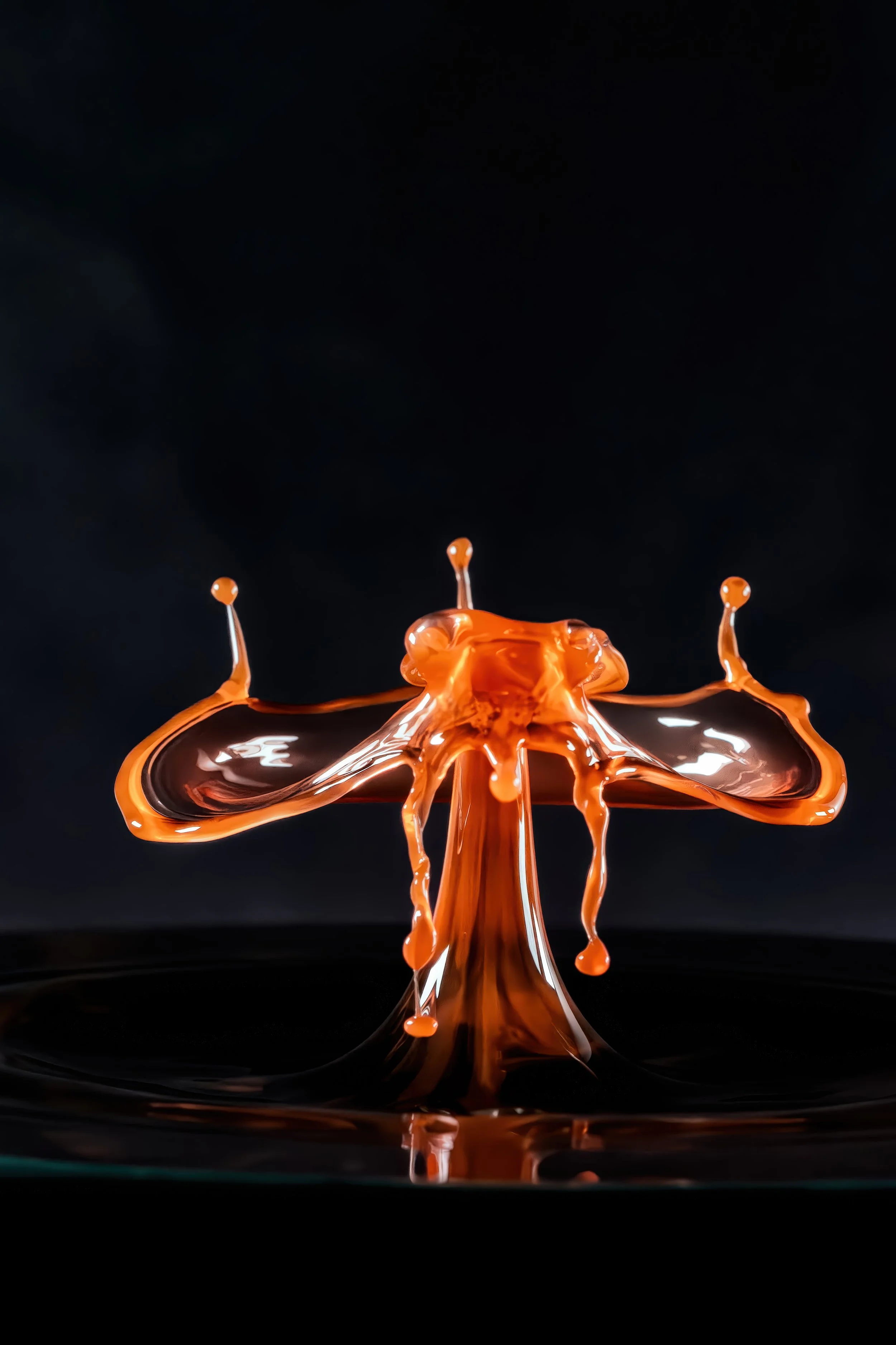 Flame in Motion - A fiery burst of liquid arcs into a sculptural form, its dynamic symmetry frozen in time—part creature, part flame, all fluid tension.