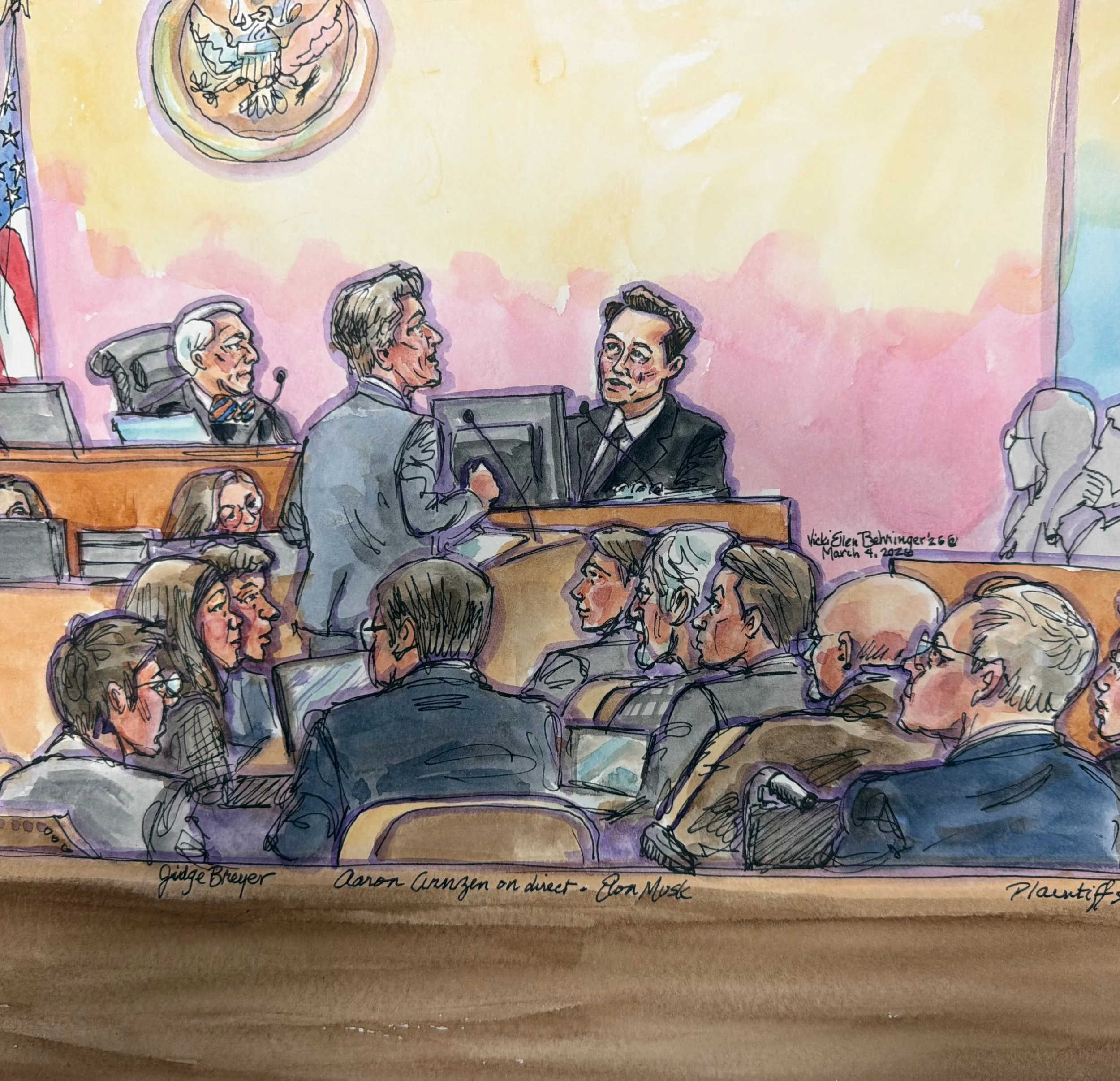 A colorful watercolor illustration of a courtroom scene with judges and attorneys talking at the bench, with a gallery of spectators watching.