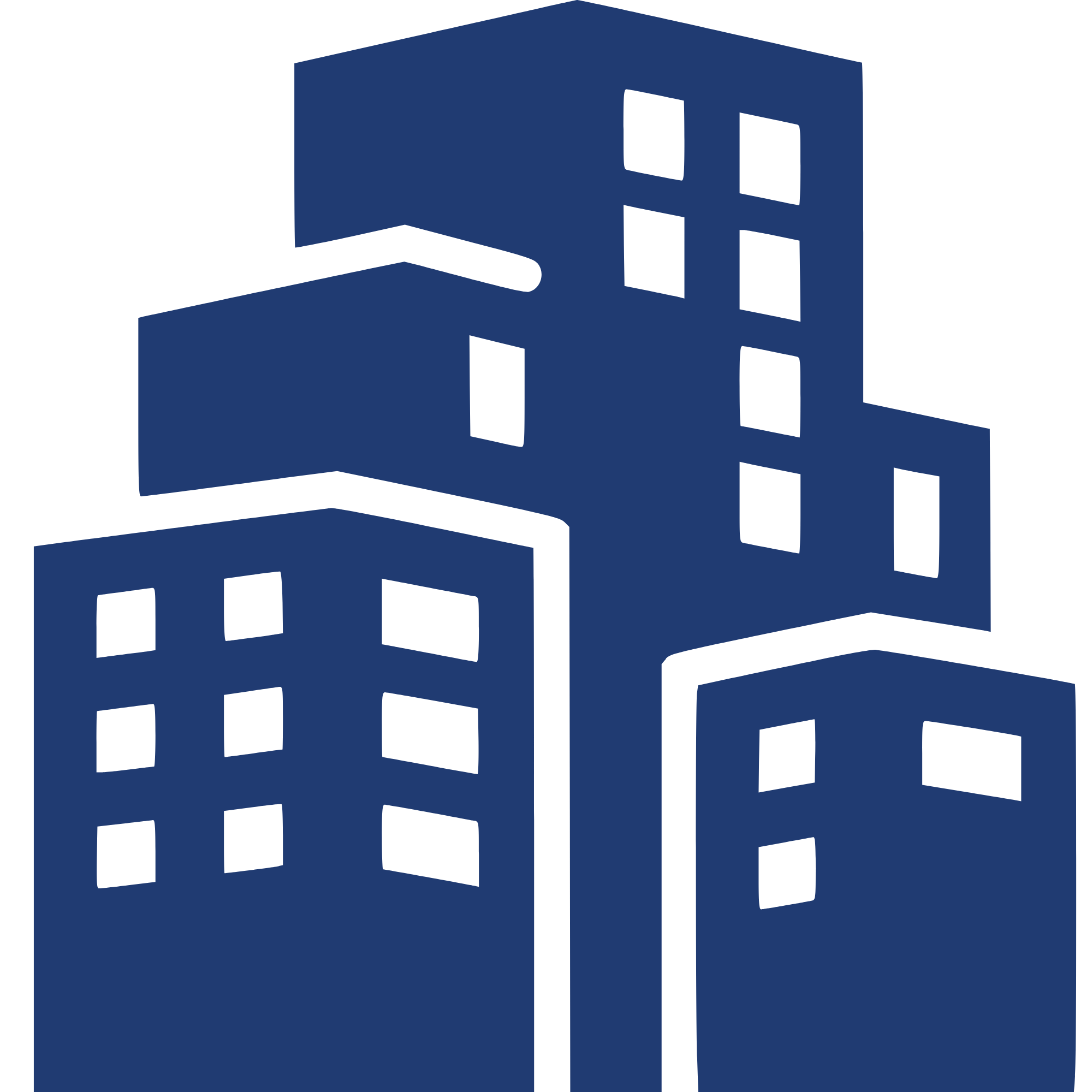 A 3D illustration of a blue residential building with multiple windows and a connecting walkway.