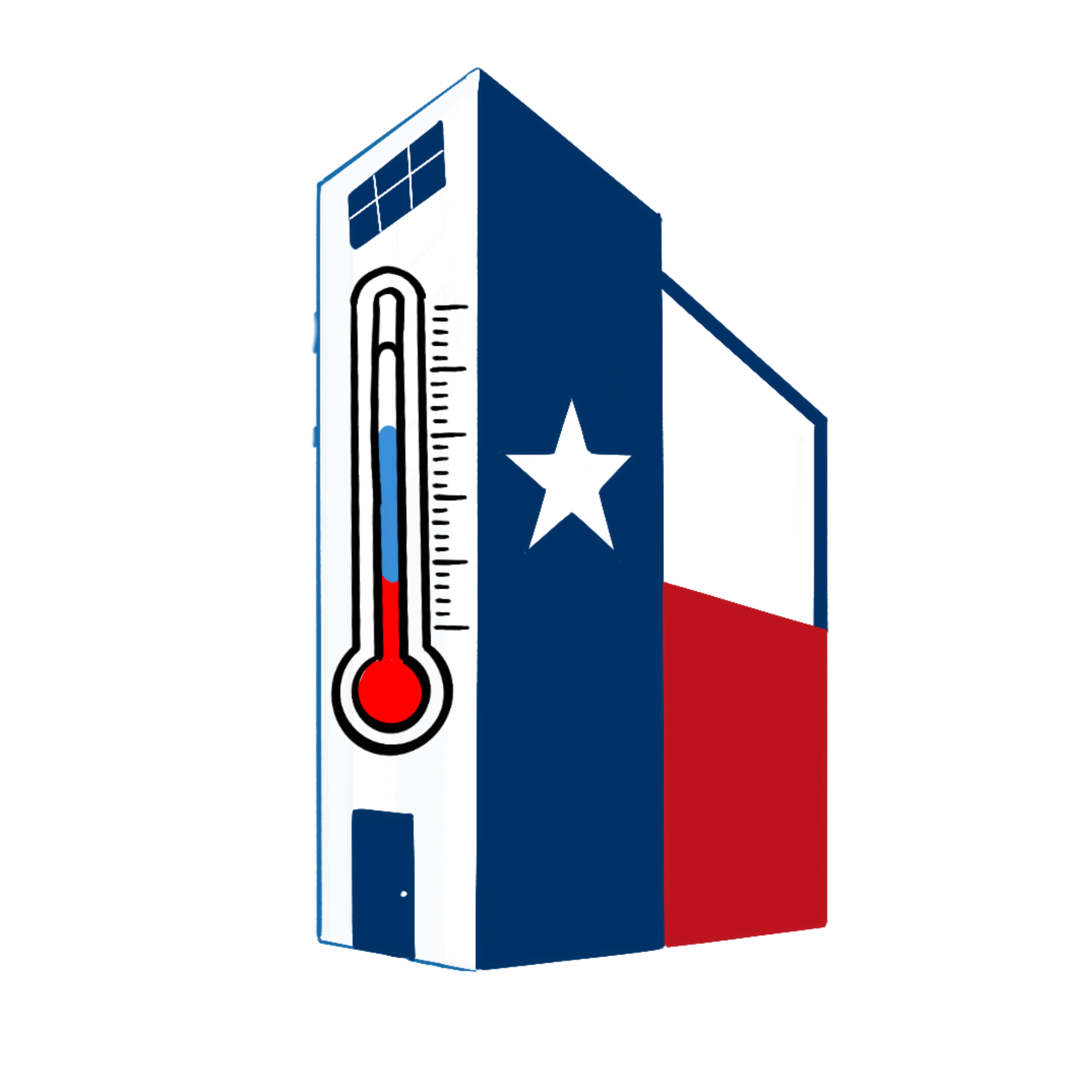 A digital illustration of a cardboard box designed with the colors and symbols of the Texas flag, featuring a white star, red and white stripes, and a pattern resembling the Texas state flag.