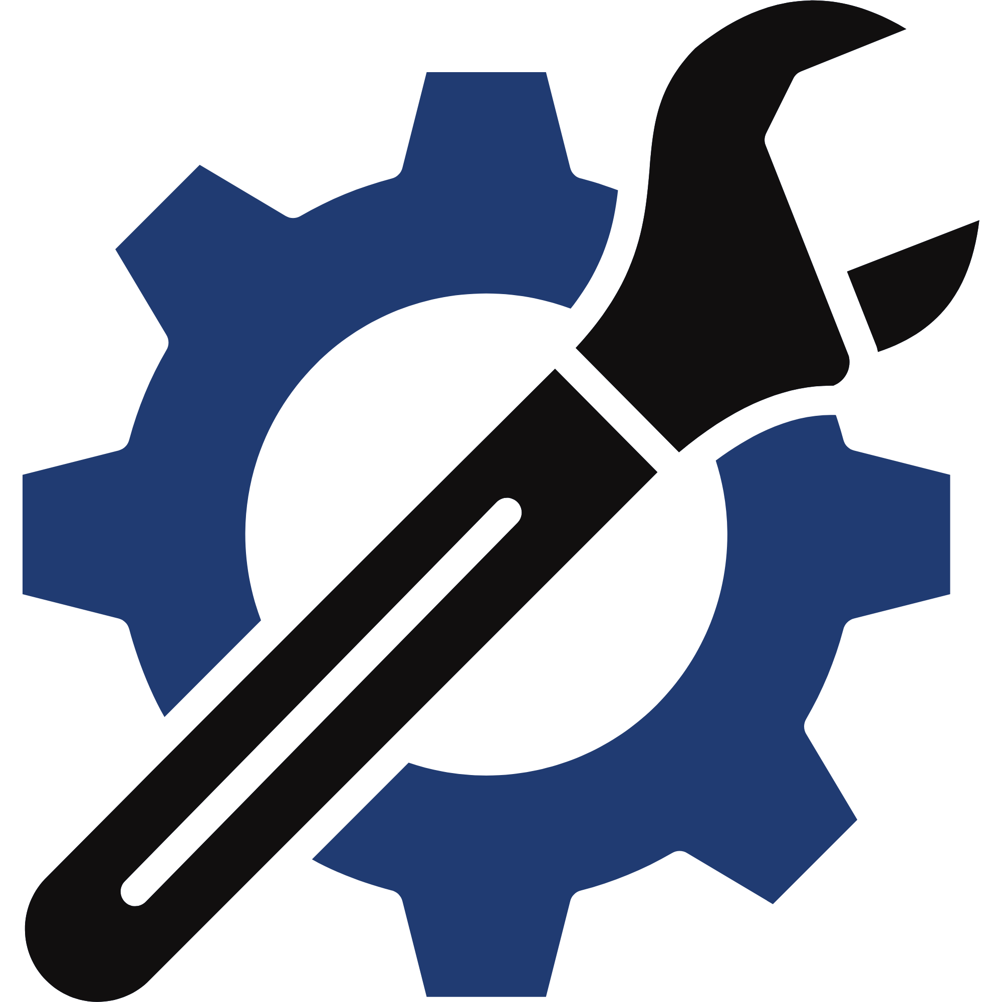 A stylized graphic of interconnected gears and cogs in dark blue and black colors.