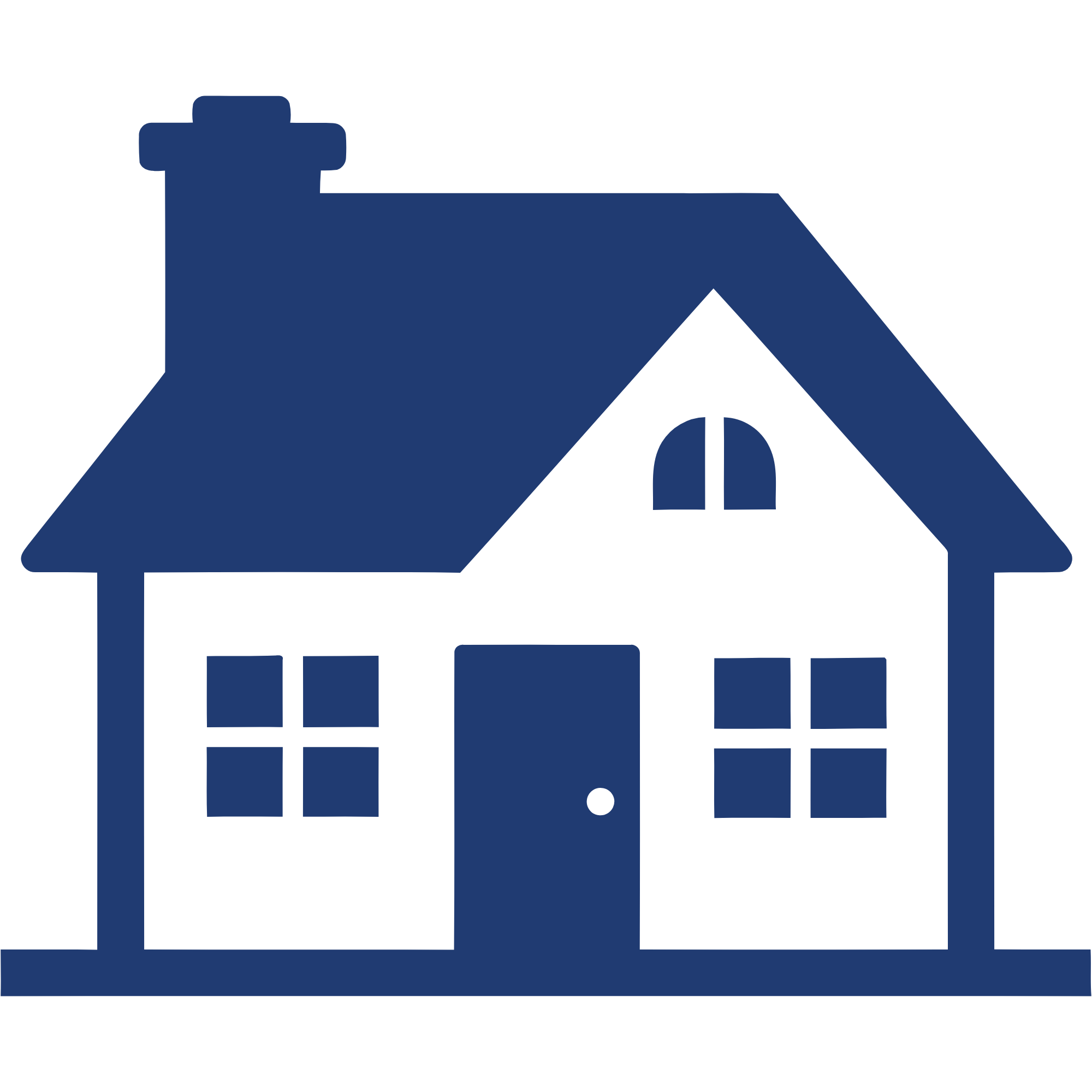 Silhouette of a house with a gabled roof, chimney, and a porch, depicted in dark blue on a black background.