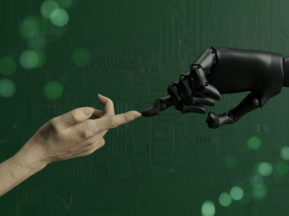 A human hand reaching out to touch a robotic hand against a digital circuit board background.