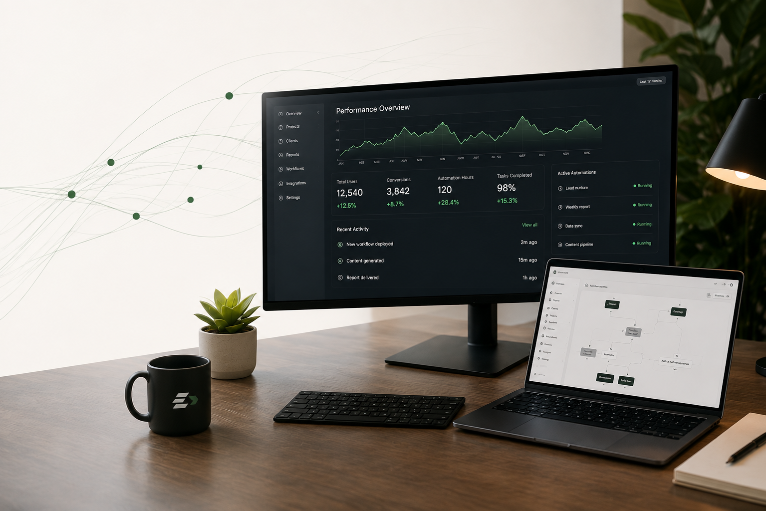 Computer monitor displaying performance overview with line graphs, metrics, and activity logs, a laptop with flowchart software, a black coffee mug with logo, a small potted plant, a wireless keyboard, a notebook with pen, and a desk lamp on a wooden desk in a workspace with a white wall and green plants in the background.