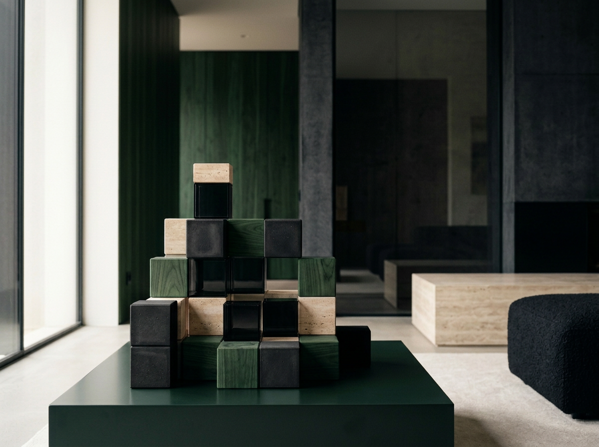 A geometric sculpture made of black, green, and beige blocks stacked in a pyramid-like formation on a green pedestal in a modern interior space.