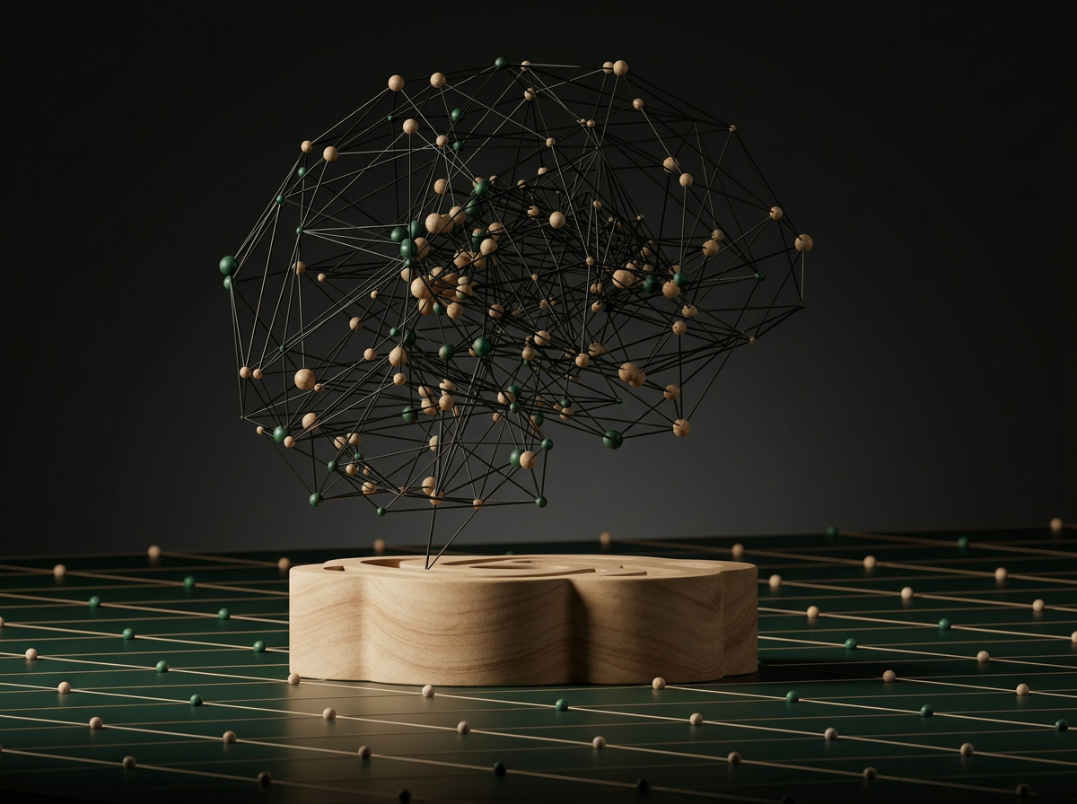 An abstract art sculpture resembling a human brain, made of interconnected black wires and small green and beige spheres, mounted on a wooden base, with a grid pattern background.