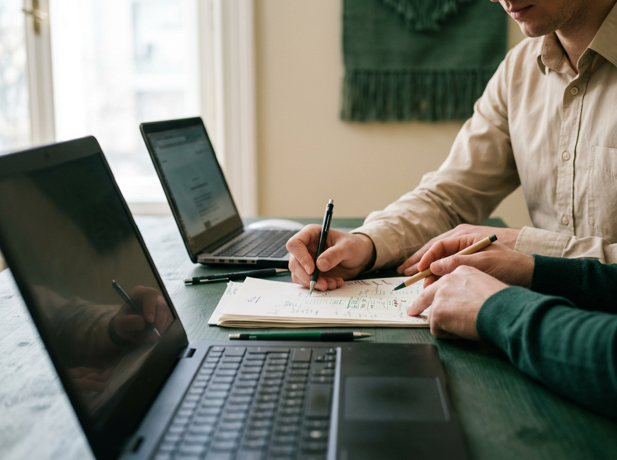 Two people working together at a table with laptops and papers, one writing in a notebook with a pen, in a well-lit room.