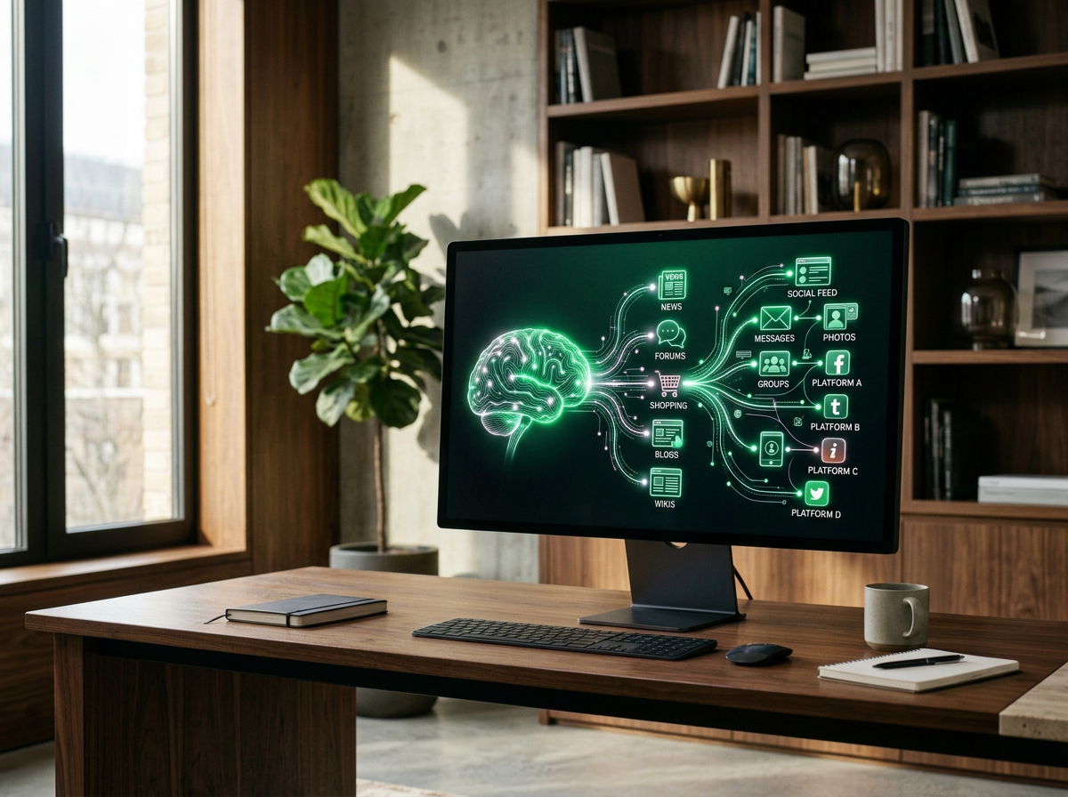 Computer monitor on a wooden desk displaying a digital illustration of a brain connected to various social media platforms and content types.