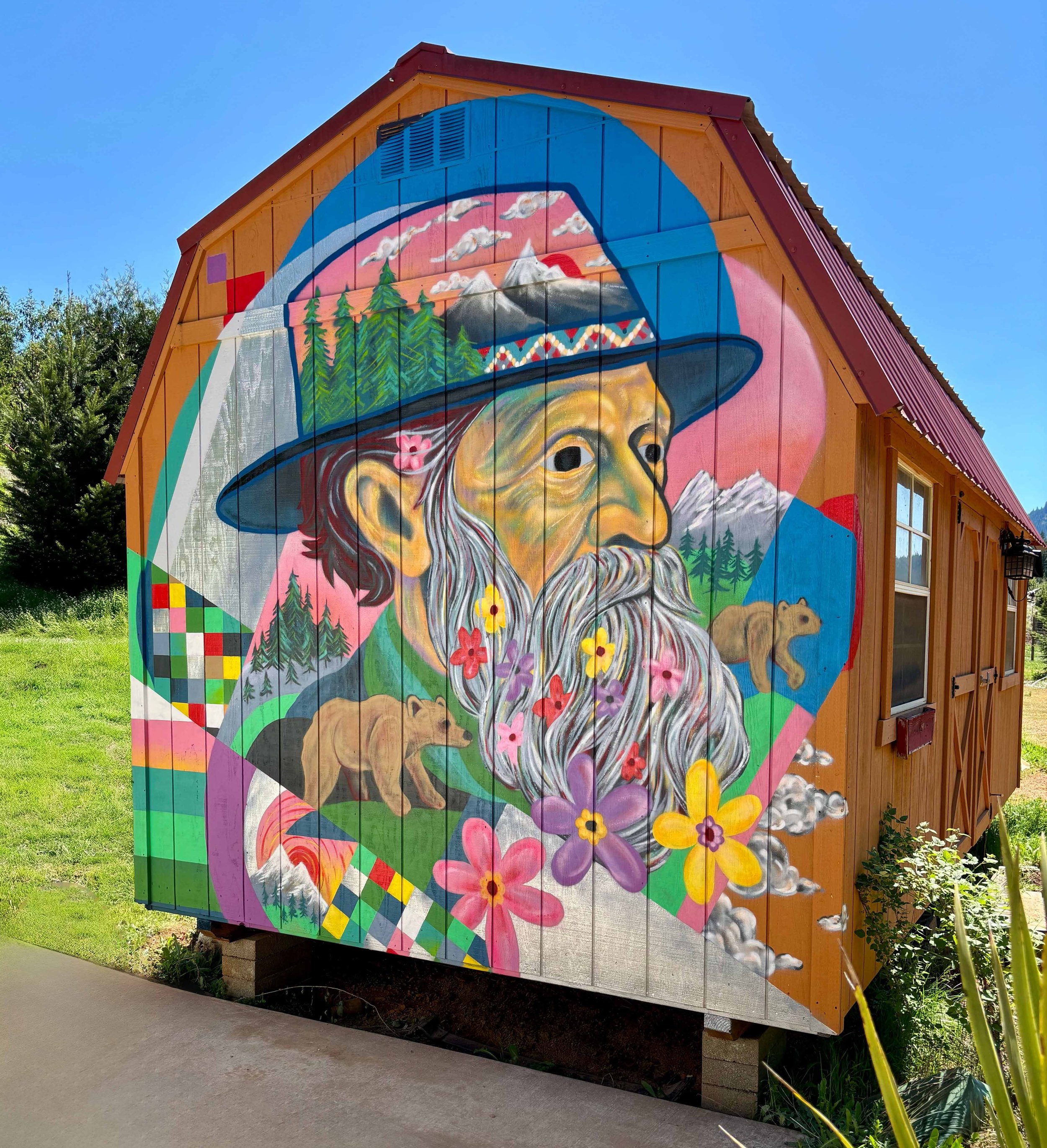 Murals of a wizard with a mountain and trees on the side of a wooden building under a blue sky.