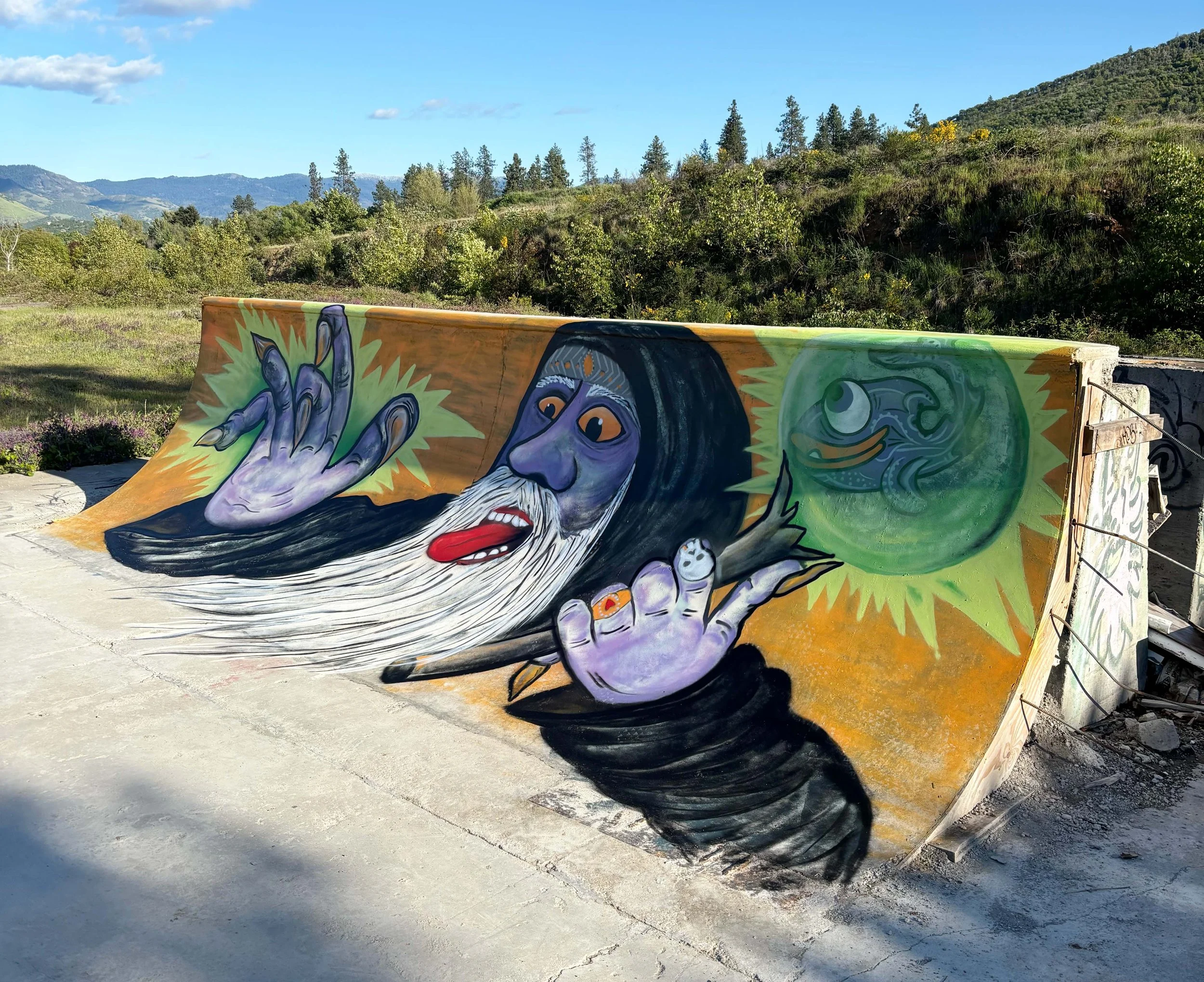 A graffiti mural on a concrete skate ramp depicting a purple wizard with a long white beard and a pointy hat, holding a staff, set against a background of bright orange and yellow with a green and black eye to the right. The ramp is outdoors with gre