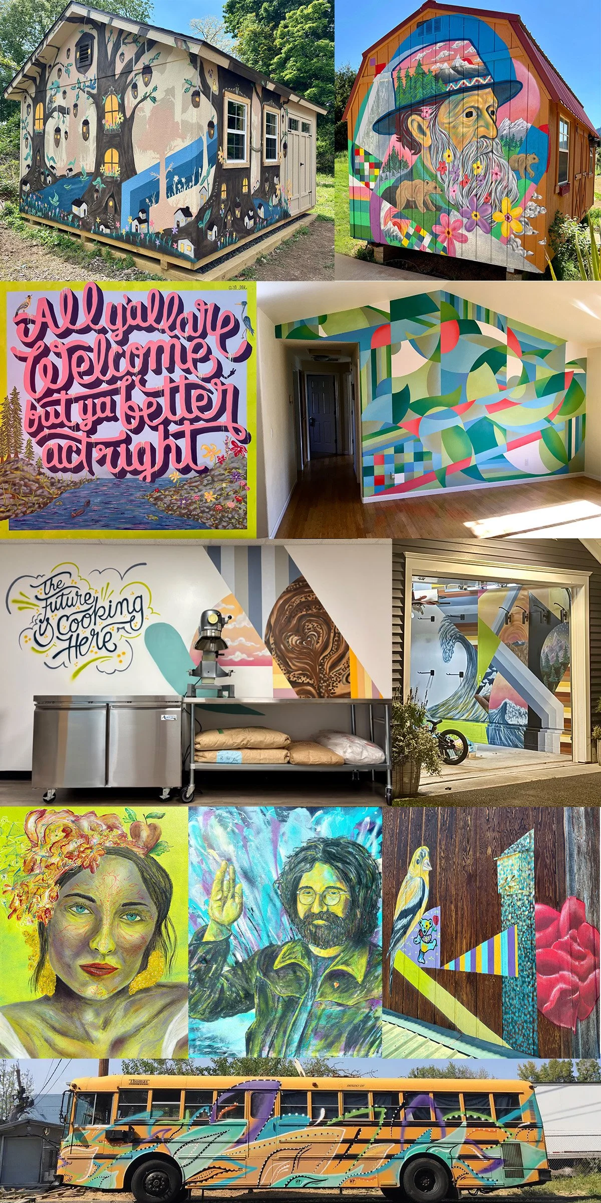 A collage of various murals and street art. The top row features two houses with colorful murals: one with a nature scene with trees, water, and houses, and another with an old man, mountain scenery, and animals. The middle row includes an interior wall with abstract geometric art, a welcoming sign with nature elements, and a mural of a wave inspired by 'The Great Wave.' The bottom row showcases portrait paintings of a woman and a man, and a colorful bus with vibrant swirl designs.