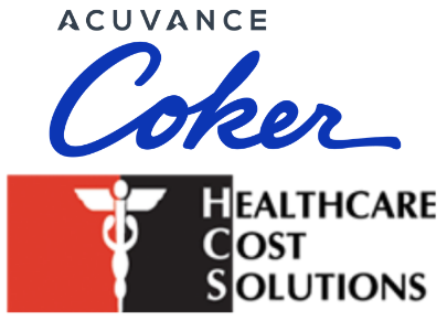 Logo for Acuvance Coker Healthcare Cost Solutions, featuring a red and black icon with a white caduceus and the company name.