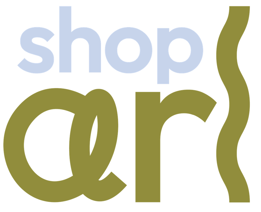 The image features the phrase 'shop or' with stylized text in both blue and gold colors, and curly lines embellishing the design.