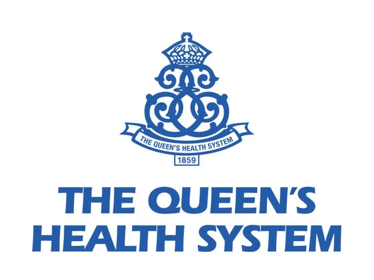 Logo of The Queen's Health System featuring a crown, decorative crest, and banner with the text "The Queen's Health System 1859" in blue.