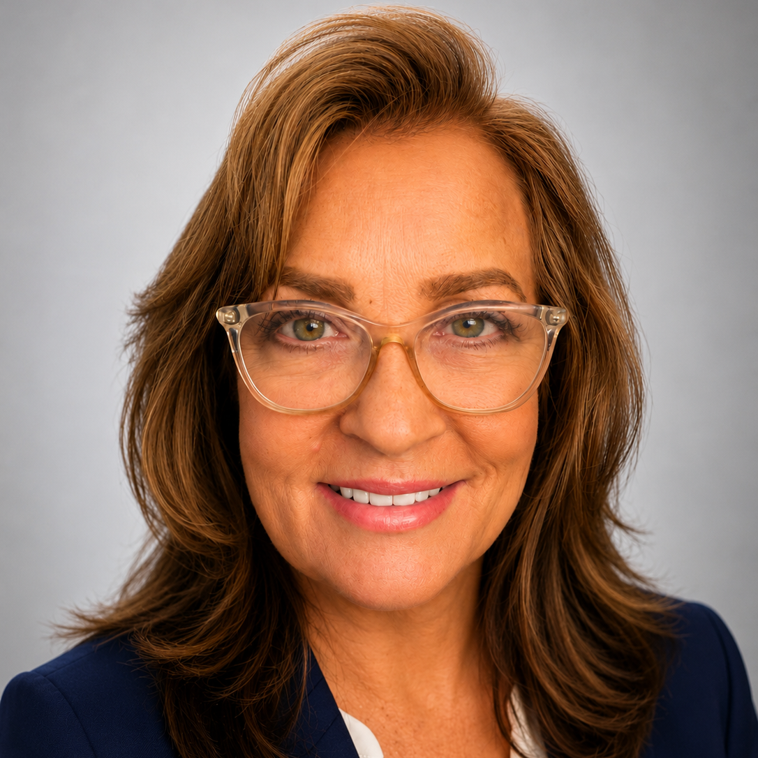 Close-up of a smiling woman with shoulder-length brown hair, wearing clear glasses and a navy blazer, against a light gray background.