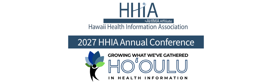 Logo for the Hawaii Health Information Association (HHIA) featuring a stylized human figure and a lotus flower, with text indicating the 2027 HHIA Annual Conference in Ho'olulu.