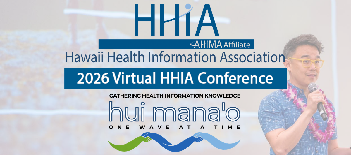 Poster for the Hawaii Health Information Association 2026 virtual conference with a person speaking into a microphone, wearing glasses, a blue shirt, and a lei