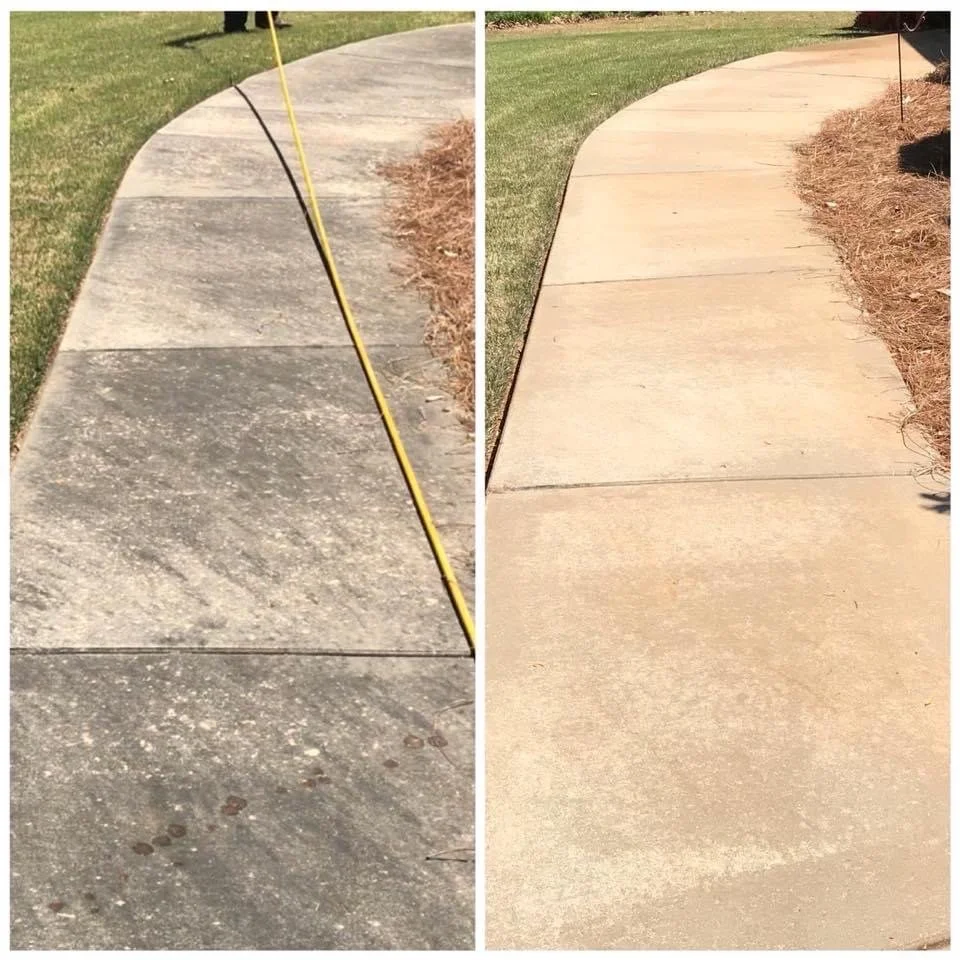 Comparison of a cracked sidewalk before and after repair, showing a weathered, stained concrete sidewalk on the left and a newly repaired, smooth concrete sidewalk on the right.