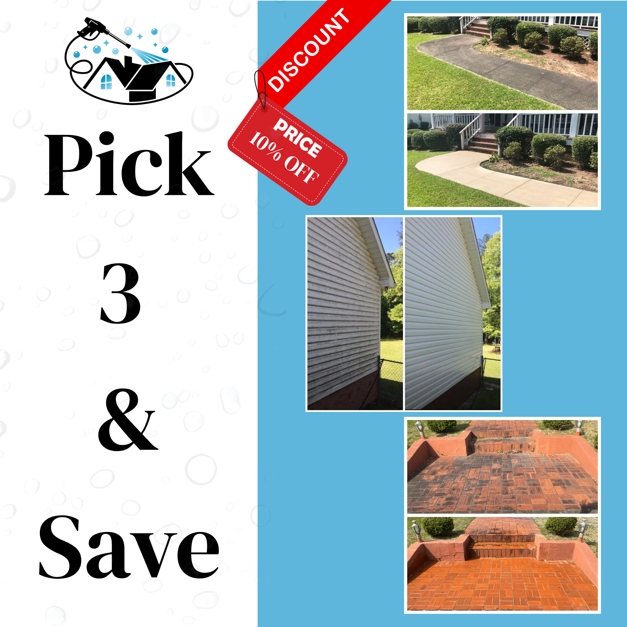 Comparison of different home exterior finishes showing concrete, plain concrete, and brick steps and walkway.