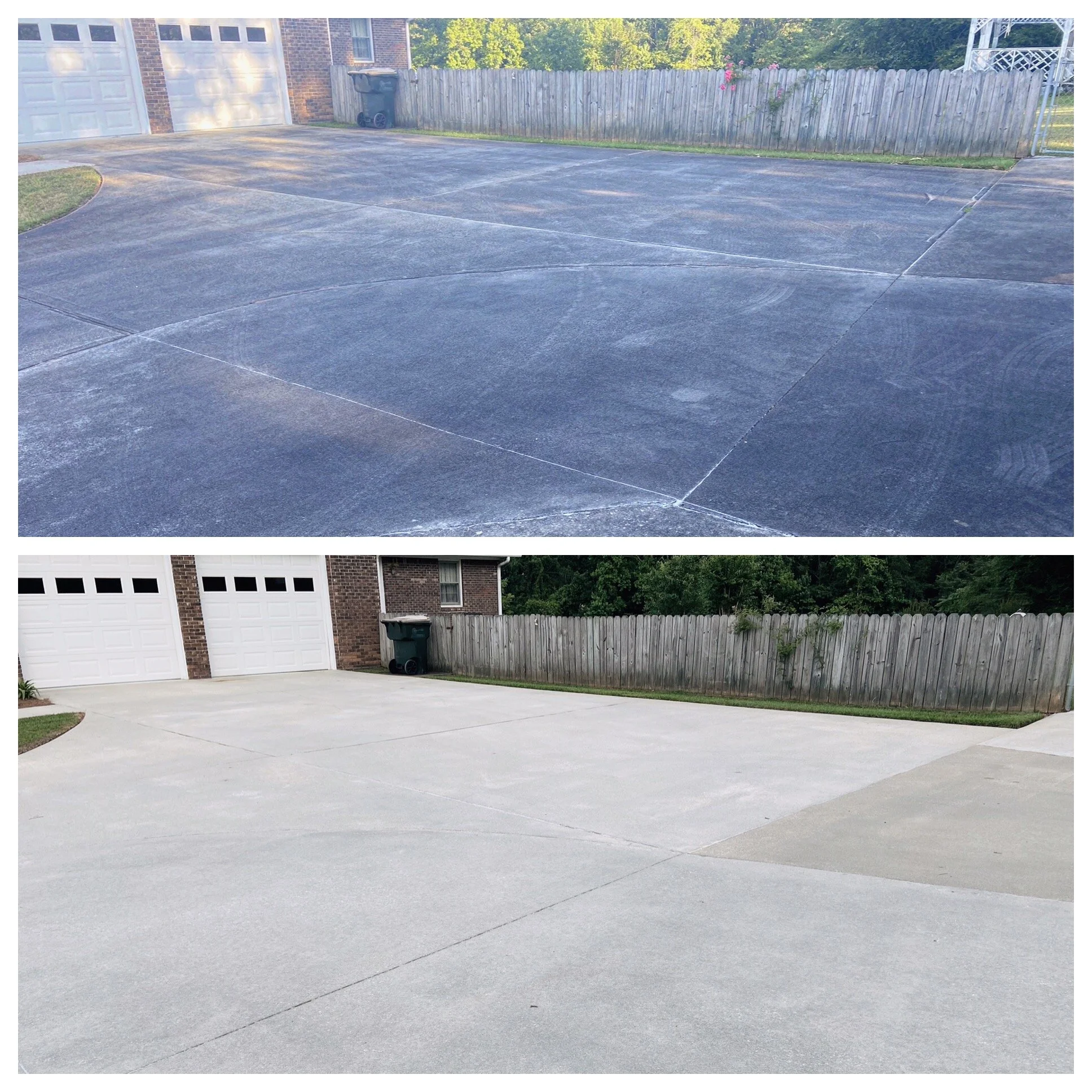 Before and after images of a driveway repair, showing a concrete driveway with a large crack before and with the crack patched after.