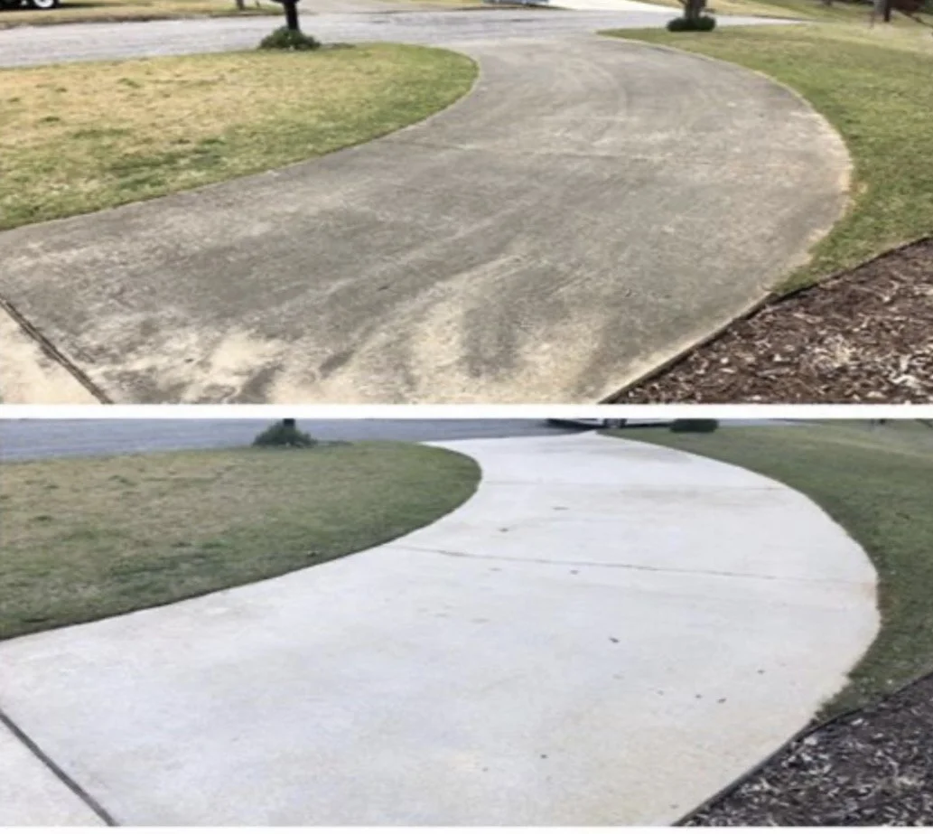 Comparison of a worn concrete sidewalk before and after power washing, showing cleaner surface after cleaning.