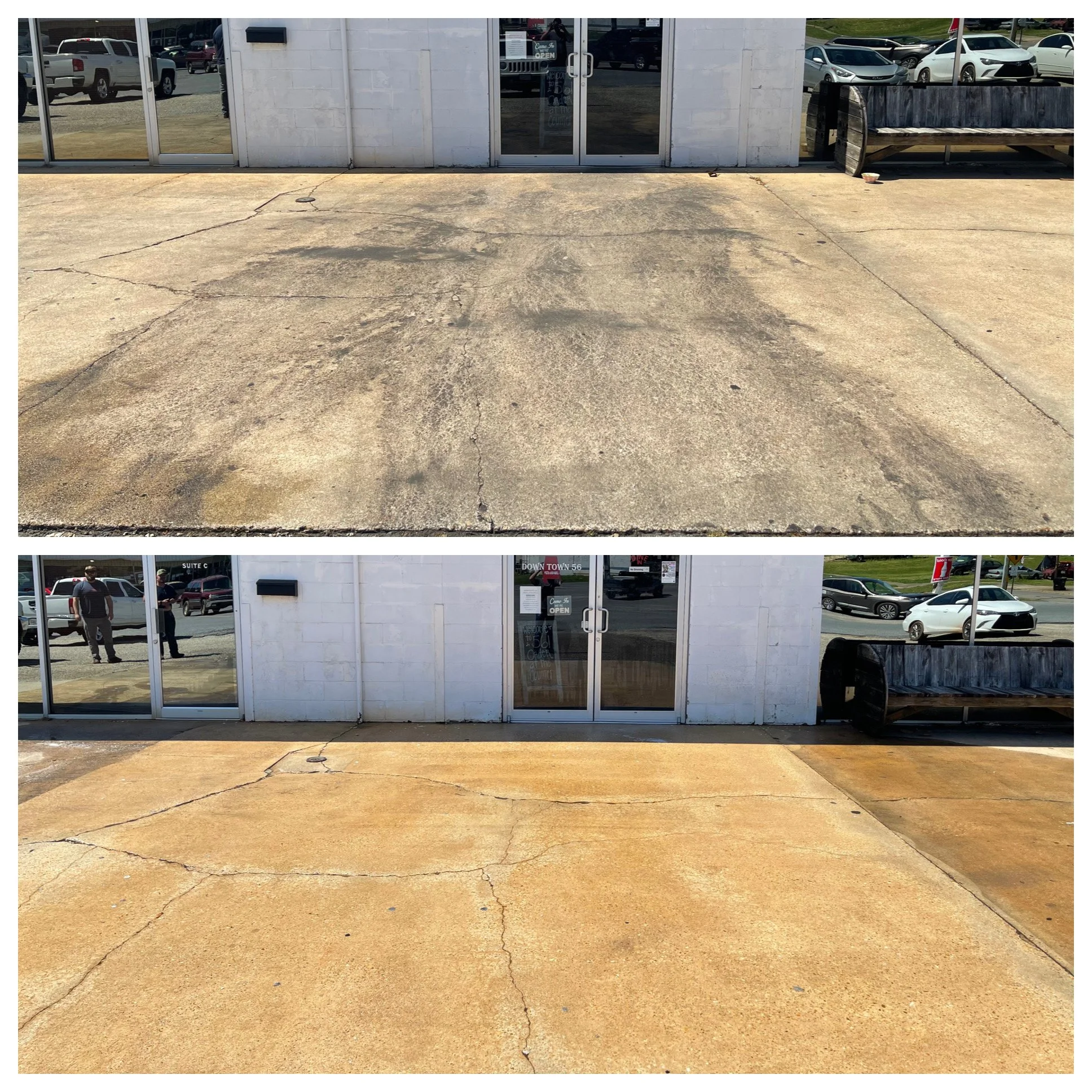 Empty cracked concrete sidewalk in front of a store with glass doors and parked cars in the background.