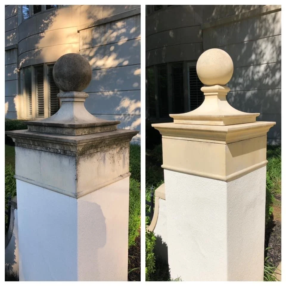 Comparison of a weathered, dark gray stone or concrete decorative post with a large ball on top on a building's white painted pillar, next to a restored, clean, beige-colored decorative post with a fresh, smooth finish and the same large ball on top.